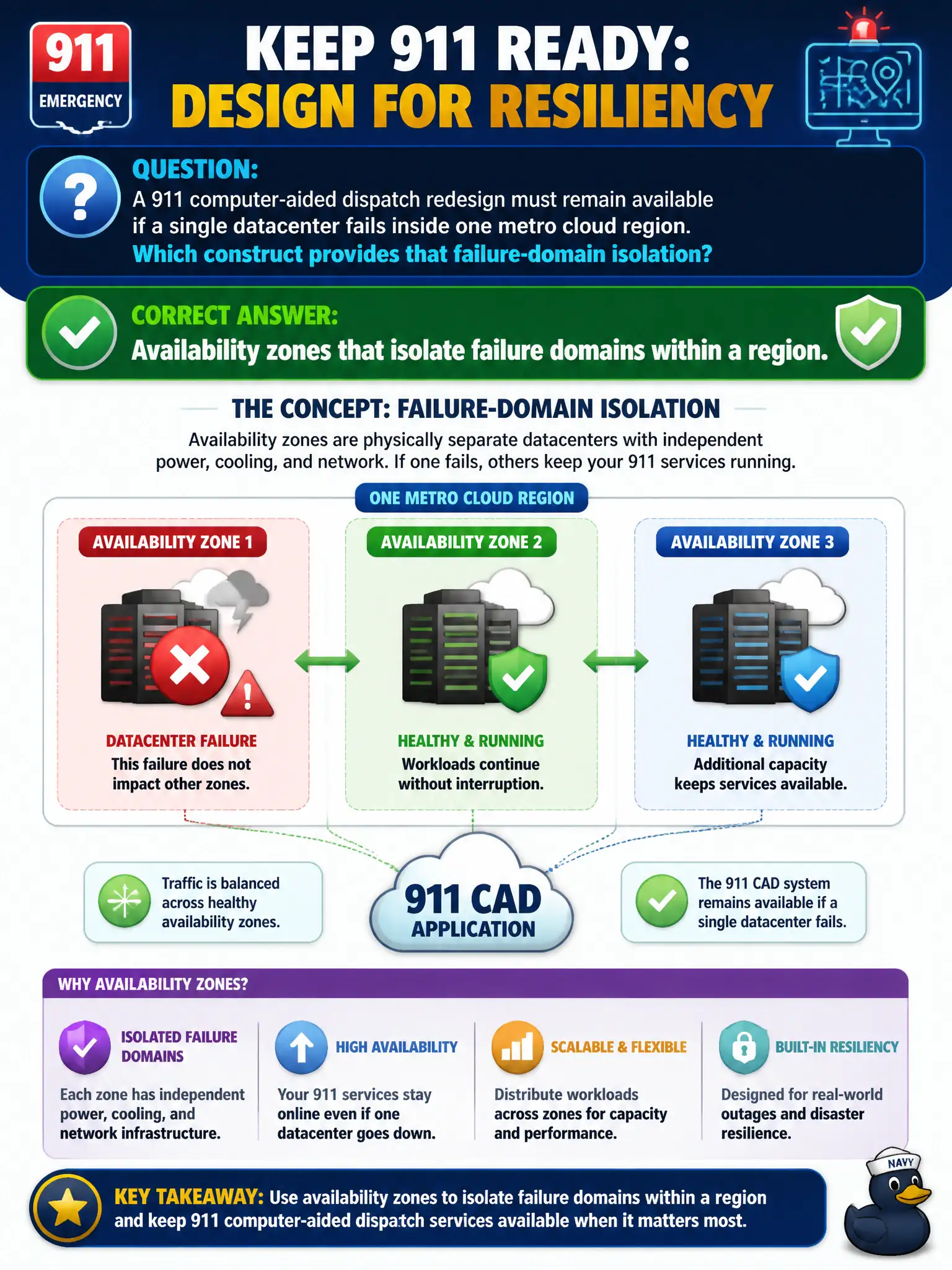 To Create an exciting colorful infographic that explains the concepts in the question: Question: A 911 computer-aided dispatch redesign must remain available if a single datacenter fails inside one metro cloud region. Which construct provides that failure-domain isolation? Correct Answer: Availability zones that isolate failure domains within a region. Put EVERY visible label in double quotes. No people. No A/B/C/D letters. In one of the four corners put a little "Navy Duck".