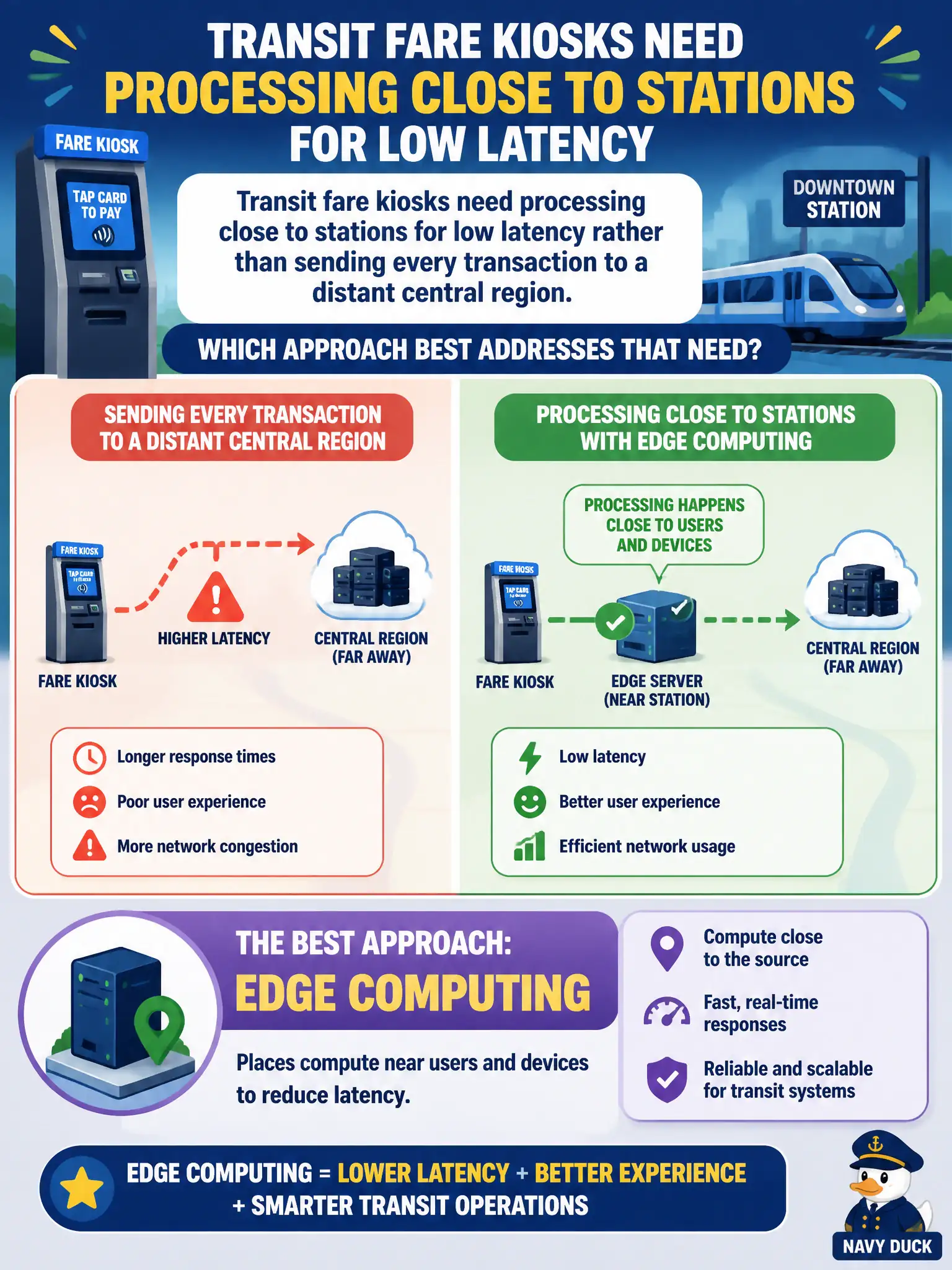 To Create an exciting colorful infographic that explains the concepts in the question: Question: Transit fare kiosks need processing close to stations for low latency rather than sending every transaction to a distant central region. Which approach best addresses that need? Correct Answer: Edge computing that places compute near users and devices to reduce latency. Put EVERY visible label in double quotes. No people. No A/B/C/D letters. In one of the four corners put a little "Navy Duck".
