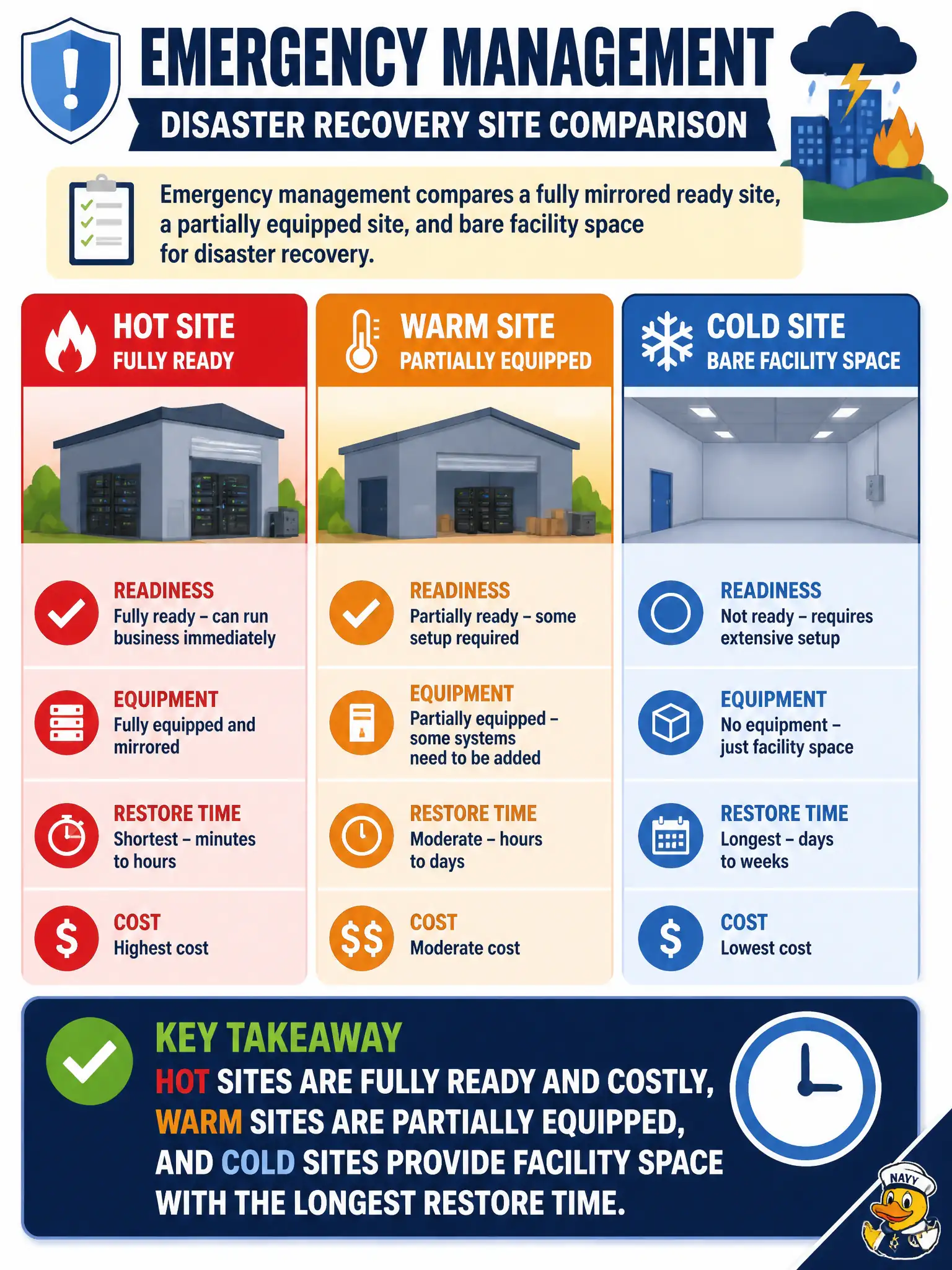 To Create an exciting colorful infographic that explains the concepts in the question: Question: Emergency management compares a fully mirrored ready site, a partially equipped site, and bare facility space for disaster recovery. Which statement correctly contrasts those site types? Correct Answer: Hot sites are fully ready and costly, warm sites are partially equipped, and cold sites provide facility space with the longest restore time. Put EVERY visible label in double quotes. No people. No A/B/C/D letters. In one of the four corners put a little "Navy Duck".