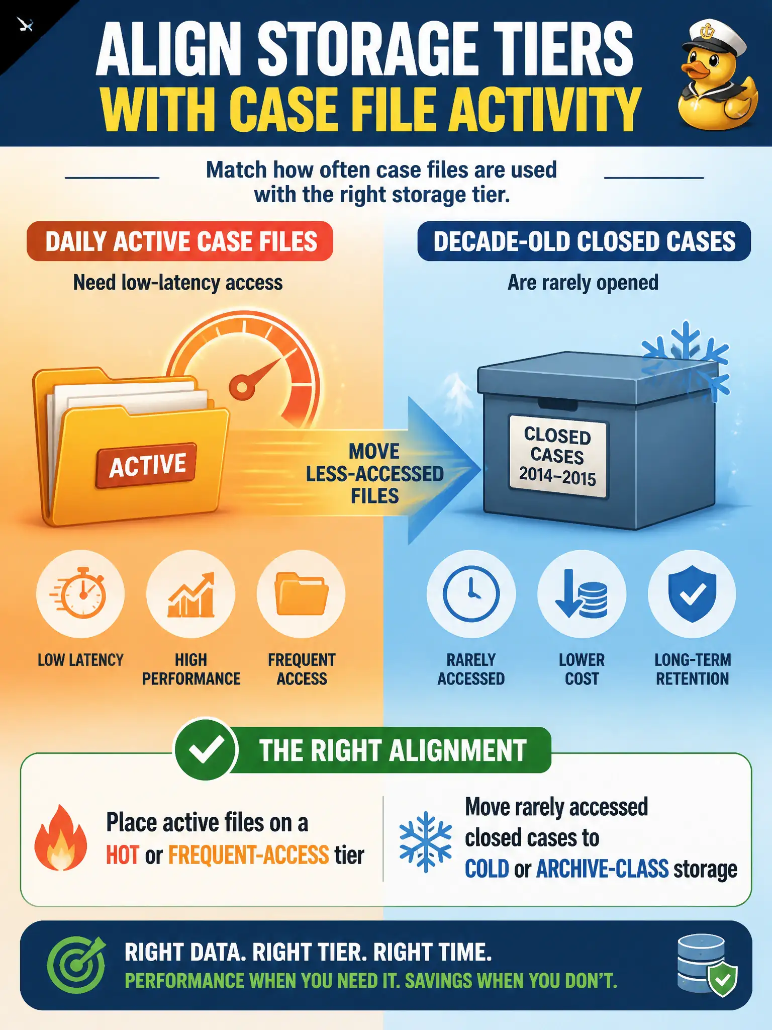 To Create an exciting colorful infographic that explains the concepts in the question: Question: Daily active case files need low-latency access, while decade-old closed cases are rarely opened. How should storage tiers be aligned? Correct Answer: Place active files on a hot or frequent-access tier and move rarely accessed closed cases to cold or archive-class storage. Put EVERY visible label in double quotes. No people. No A/B/C/D letters. In one of the four corners put a little "Navy Duck".