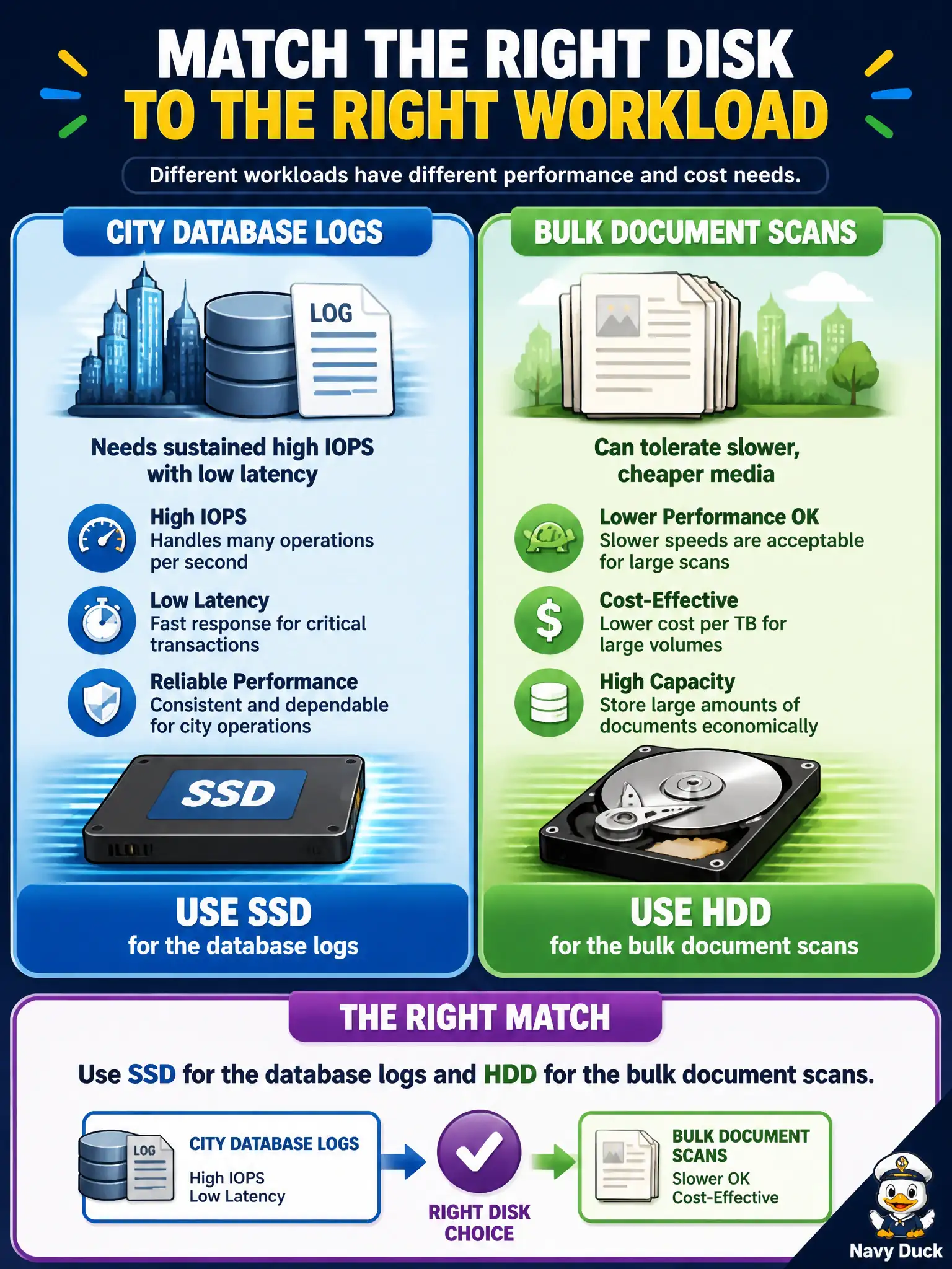 To Create an exciting colorful infographic that explains the concepts in the question: Question: City database logs need sustained high IOPS with low latency, while bulk document scans can tolerate slower cheaper media. Which disk choice correctly matches both workloads? Correct Answer: Use SSD for the database logs and HDD for the bulk document scans. Put EVERY visible label in double quotes. No people. No A/B/C/D letters. In one of the four corners put a little "Navy Duck".