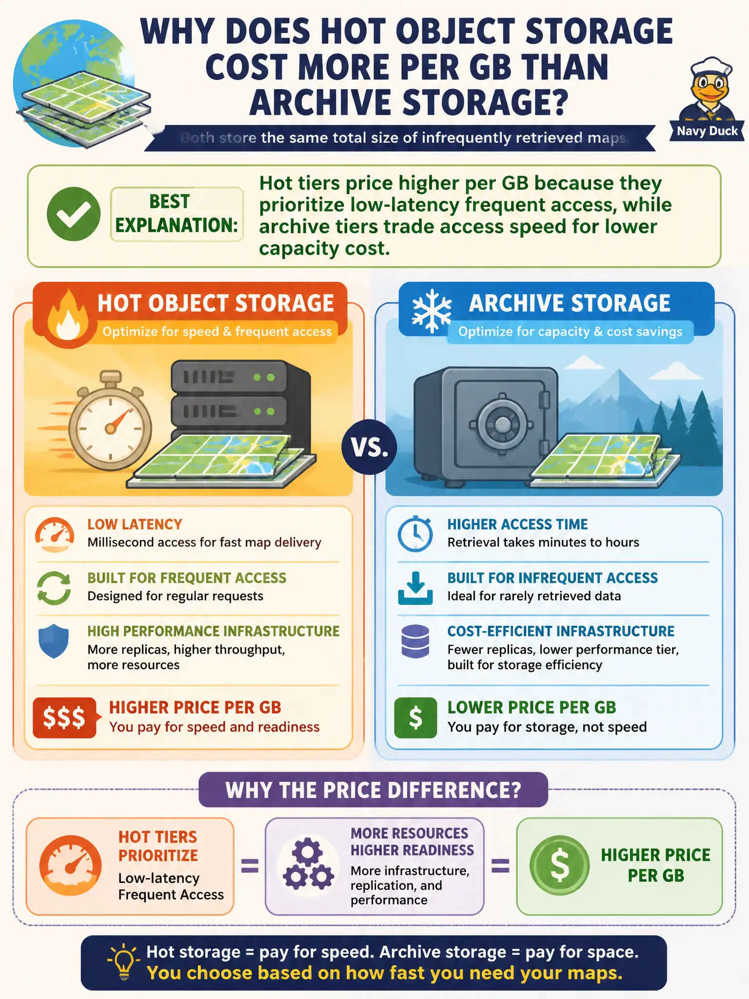 To Create an exciting colorful infographic that explains the concepts in the question: Question: Finance asks why hot object storage for open-data GIS tiles costs more per GB than archive storage holding the same total size of infrequently retrieved maps. What best explains the price difference? Correct Answer: Hot tiers price higher per GB because they prioritize low-latency frequent access, while archive tiers trade access speed for lower capacity cost. Put EVERY visible label in double quotes. No people. No A/B/C/D letters. In one of the four corners put a little "Navy Duck".