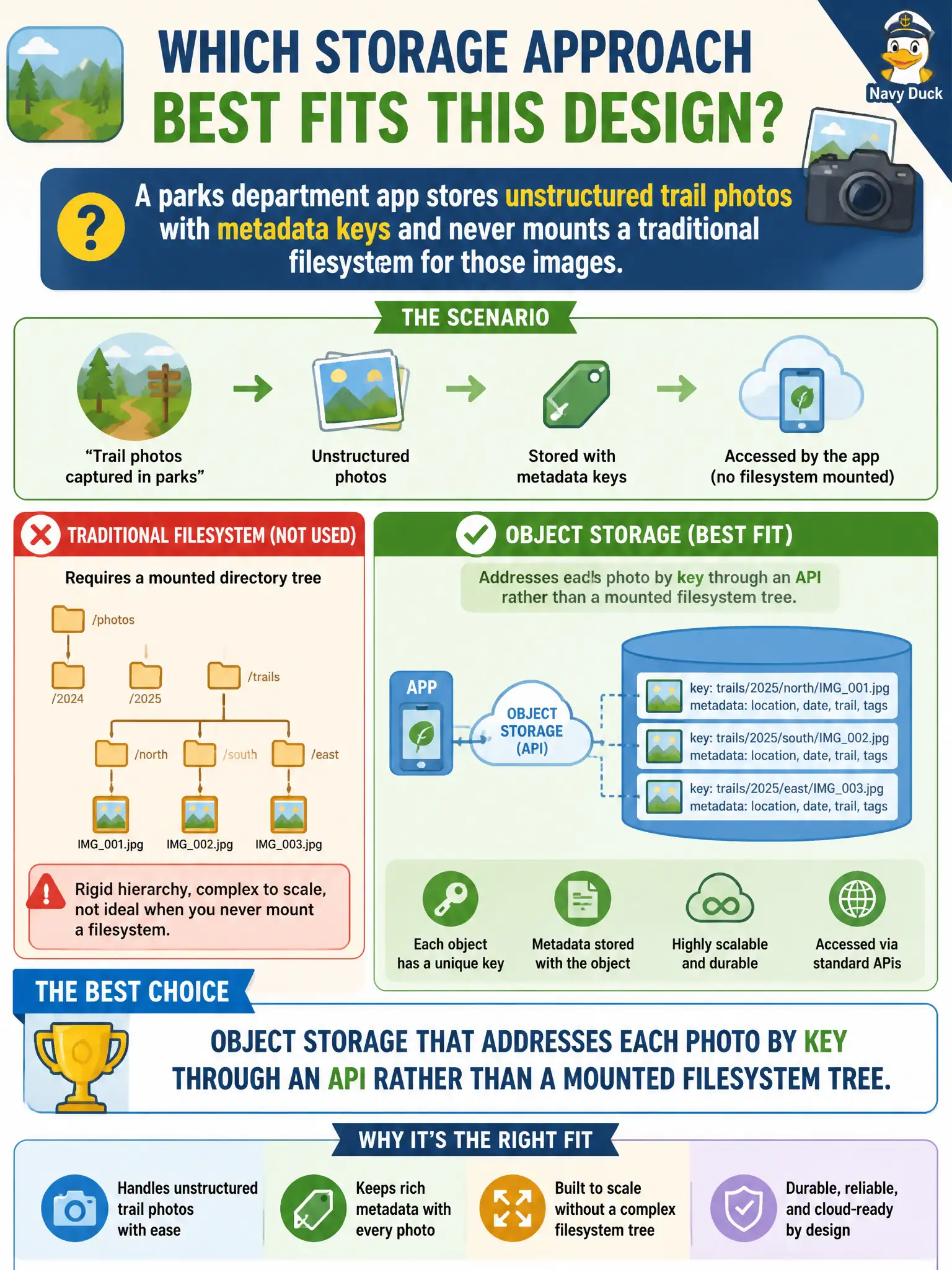To Create an exciting colorful infographic that explains the concepts in the question: Question: A parks department app stores unstructured trail photos with metadata keys and never mounts a traditional filesystem for those images. Which storage approach best fits this design? Correct Answer: Object storage that addresses each photo by key through an API rather than a mounted filesystem tree. Put EVERY visible label in double quotes. No people. No A/B/C/D letters. In one of the four corners put a little "Navy Duck".