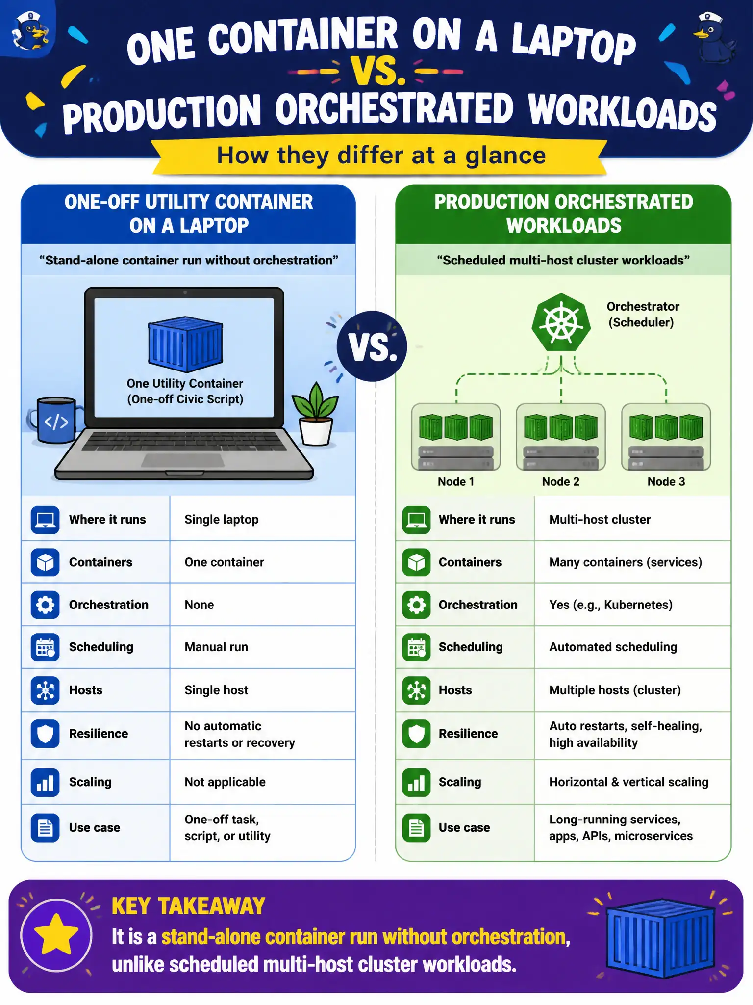 To Create an exciting colorful infographic that explains the concepts in the question: Question: A developer runs one utility container on a laptop with no cluster scheduler for a one-off civic script. How does this differ from production orchestrated workloads? Correct Answer: It is a stand-alone container run without orchestration, unlike scheduled multi-host cluster workloads. Put EVERY visible label in double quotes. No people. No A/B/C/D letters. In one of the four corners put a little "Navy Duck".
