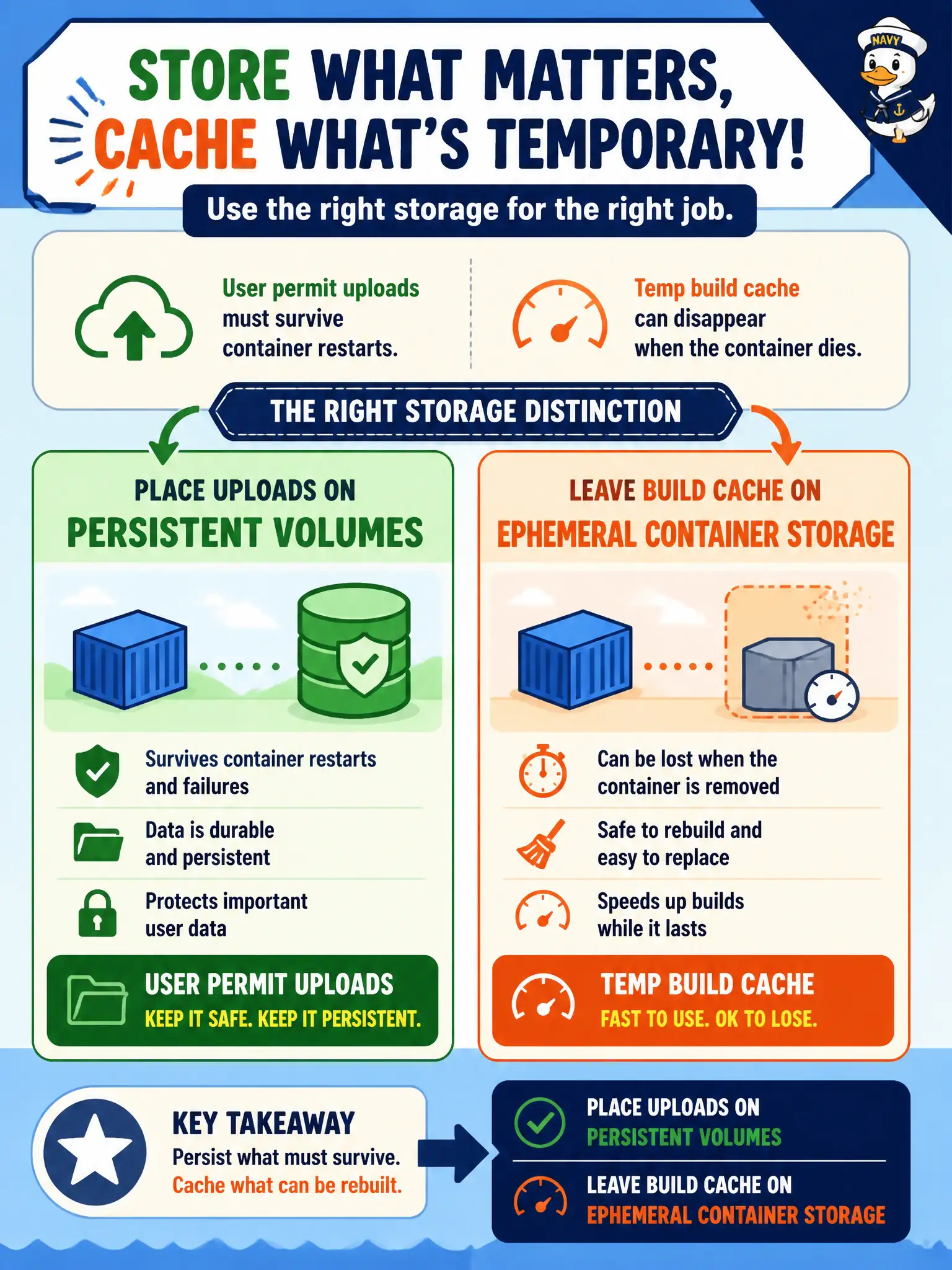 To Create an exciting colorful infographic that explains the concepts in the question: Question: User permit uploads must survive container restarts, while temp build cache can disappear when the container dies. Which storage distinction should the team apply? Correct Answer: Place uploads on persistent volumes and leave build cache on ephemeral container storage. Put EVERY visible label in double quotes. No people. No A/B/C/D letters. In one of the four corners put a little "Navy Duck".