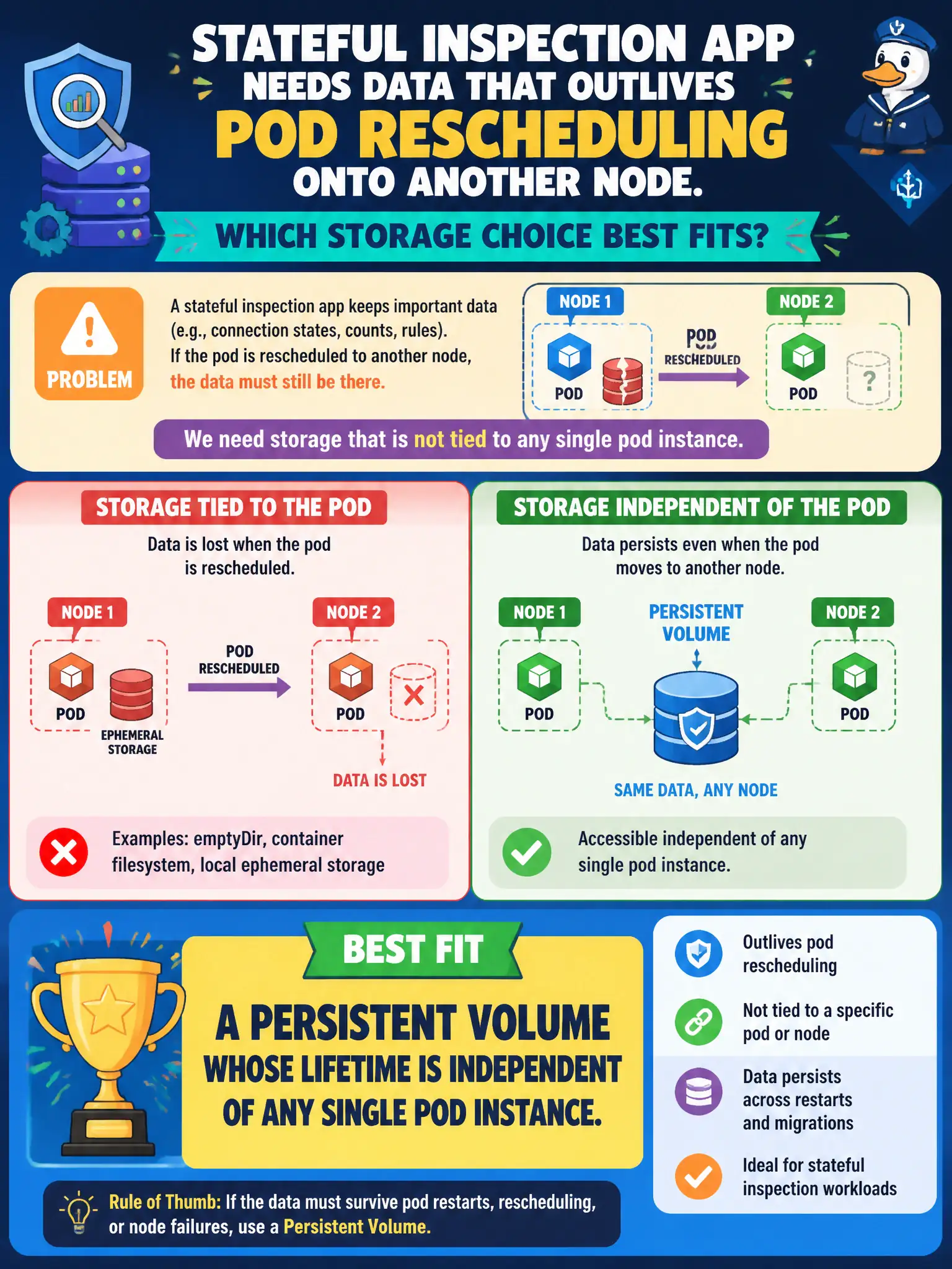To Create an exciting colorful infographic that explains the concepts in the question: Question: A stateful inspection app needs data that outlives pod rescheduling onto another node. Which storage choice best fits? Correct Answer: A persistent volume whose lifetime is independent of any single pod instance. Put EVERY visible label in double quotes. No people. No A/B/C/D letters. In one of the four corners put a little "Navy Duck".