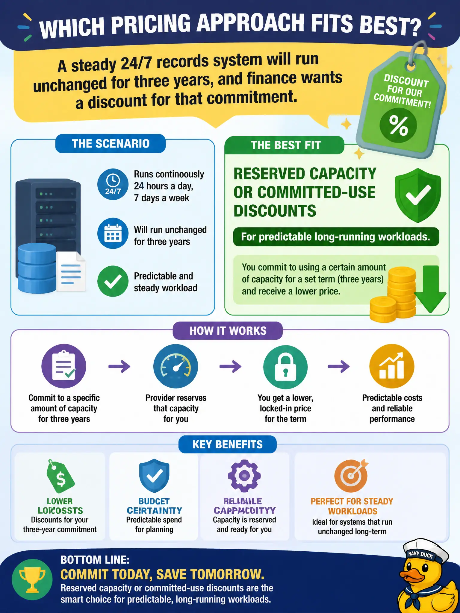 To Create an exciting colorful infographic that explains the concepts in the question: Question: A steady 24/7 records system will run unchanged for three years, and finance wants a discount for that commitment. Which pricing approach fits best? Correct Answer: Reserved capacity or committed-use discounts for predictable long-running workloads. Put EVERY visible label in double quotes. No people. No A/B/C/D letters. In one of the four corners put a little "Navy Duck".
