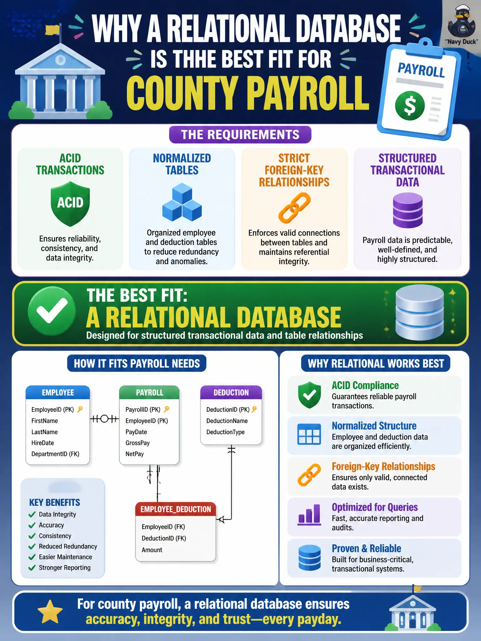 To Create an exciting colorful infographic that explains the concepts in the question: Question: County payroll requires ACID transactions, normalized employee and deduction tables, and strict foreign-key relationships. Which database approach best fits? Correct Answer: A relational database designed for structured transactional data and table relationships Put EVERY visible label in double quotes. No people. No A/B/C/D letters. In one of the four corners put a little "Navy Duck".