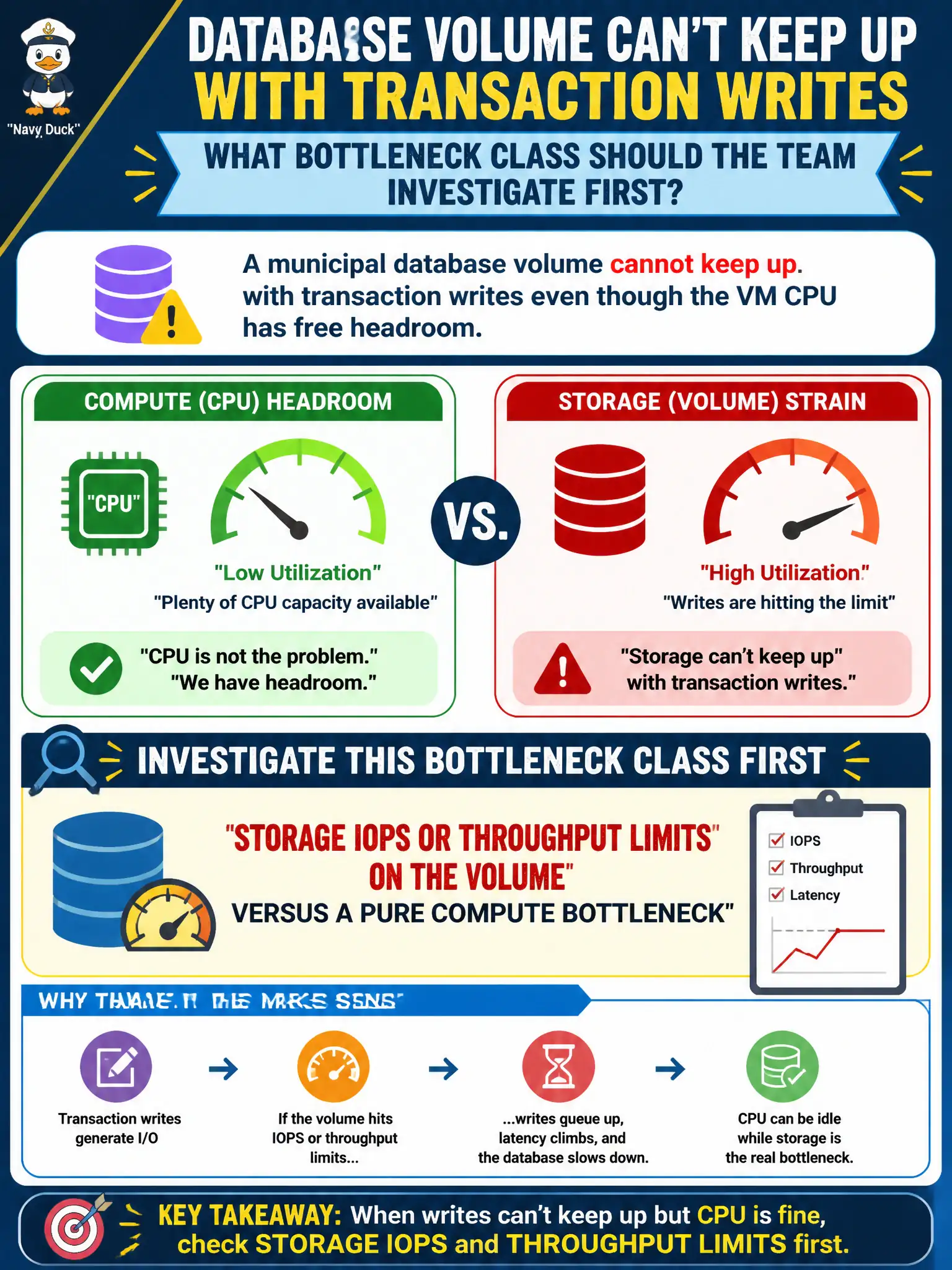 To Create an exciting colorful infographic that explains the concepts in the question: Question: A municipal database volume cannot keep up with transaction writes even though the VM CPU has free headroom. What bottleneck class should the team investigate first? Correct Answer: Storage IOPS or throughput limits on the volume versus a pure compute bottleneck Put EVERY visible label in double quotes. No people. No A/B/C/D letters. In one of the four corners put a little "Navy Duck".