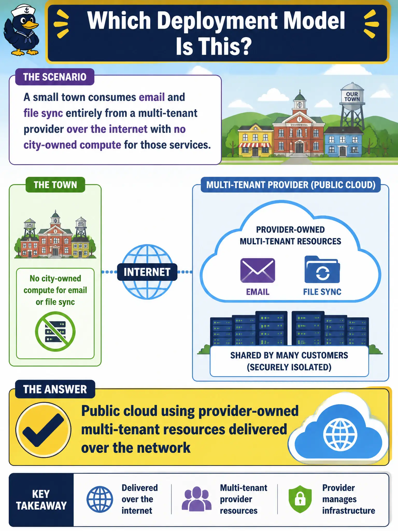 To Create an exciting colorful infographic that explains the concepts in the question: Question: A small town consumes email and file sync entirely from a multi-tenant provider over the internet with no city-owned compute for those services. Which deployment model is this? Correct Answer: Public cloud using provider-owned multi-tenant resources delivered over the network Put EVERY visible label in double quotes. No people. No A/B/C/D letters. In one of the four corners put a little "Navy Duck".