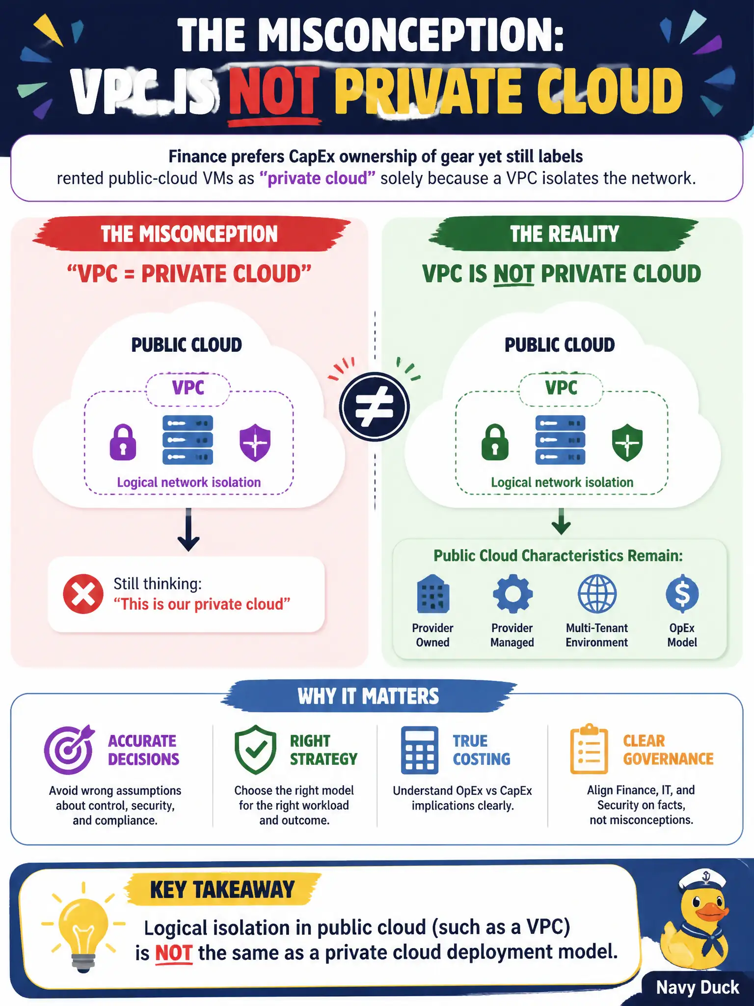 To Create an exciting colorful infographic that explains the concepts in the question: Question: Finance prefers CapEx ownership of gear yet still labels rented public-cloud VMs as 'private cloud' solely because a VPC isolates the network. What misconception should be corrected? Correct Answer: That logical isolation in public cloud (such as a VPC) is not the same as a private cloud deployment model Put EVERY visible label in double quotes. No people. No A/B/C/D letters. In one of the four corners put a little "Navy Duck".