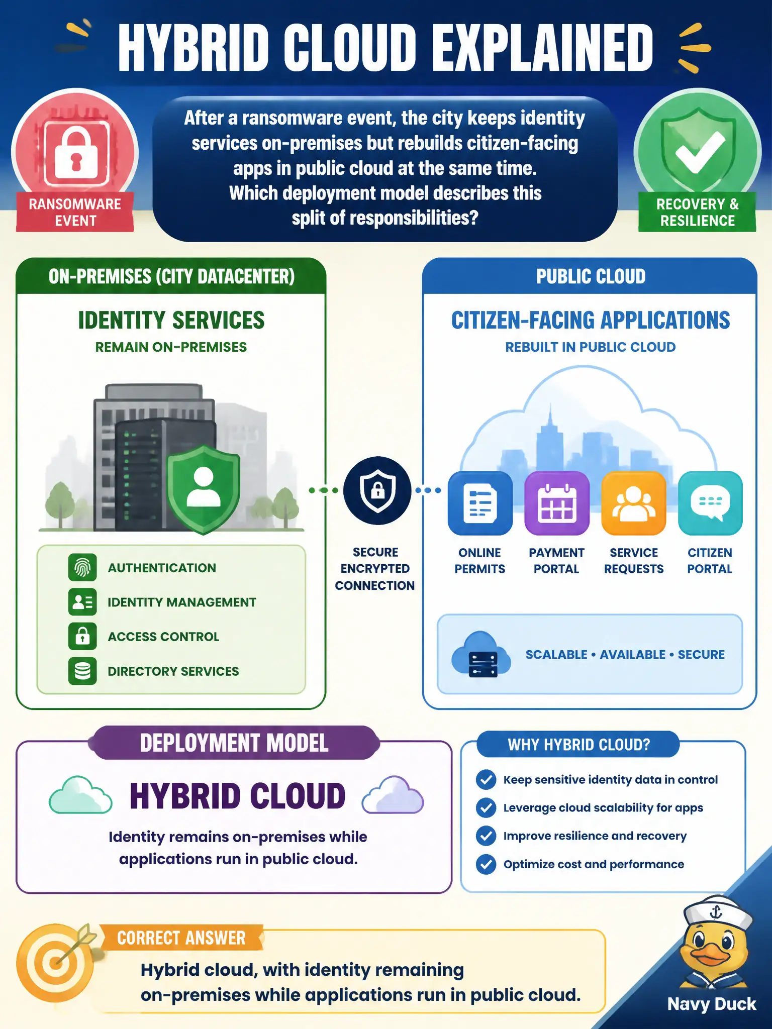 To Create an exciting colorful infographic that explains the concepts in the question: Question: After a ransomware event, the city keeps identity services on-premises but rebuilds citizen-facing apps in public cloud at the same time. Which deployment model describes this split of responsibilities? Correct Answer: Hybrid cloud, with identity remaining on-premises while applications run in public cloud Put EVERY visible label in double quotes. No people. No A/B/C/D letters. In one of the four corners put a little "Navy Duck".
