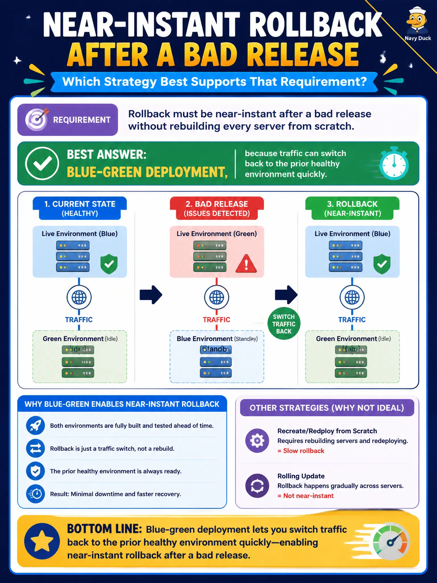 To Create an exciting colorful infographic that explains the concepts in the question: Question: Rollback must be near-instant after a bad release without rebuilding every server from scratch. Which strategy best supports that requirement? Correct Answer: Blue-green deployment, because traffic can switch back to the prior healthy environment quickly Put EVERY visible label in double quotes. No people. No A/B/C/D letters. In one of the four corners put a little "Navy Duck".