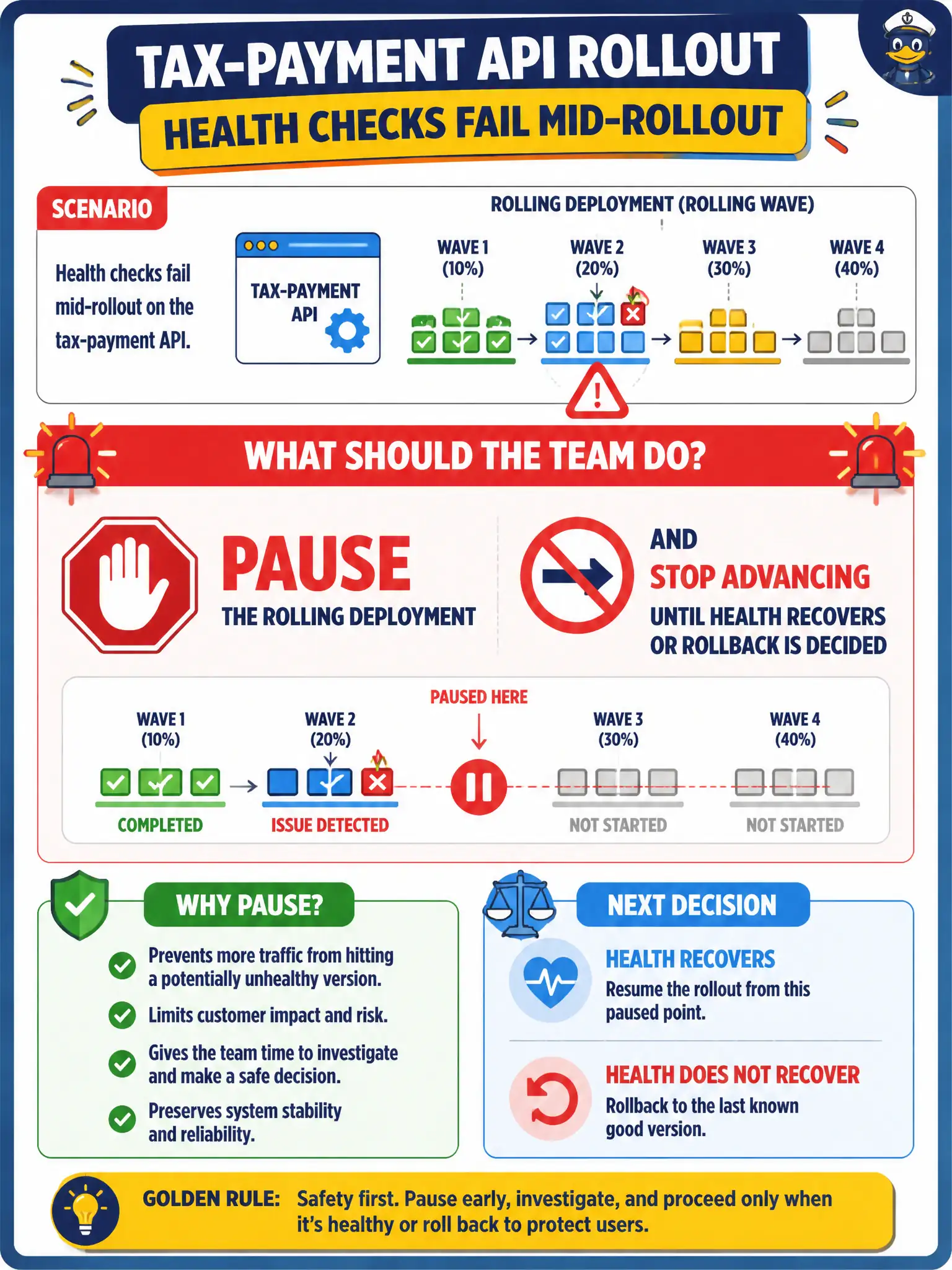 To Create an exciting colorful infographic that explains the concepts in the question: Question: Health checks fail mid-rollout on the tax-payment API. What should the team do regarding the rolling wave? Correct Answer: Pause the rolling deployment and stop advancing until health recovers or rollback is decided Put EVERY visible label in double quotes. No people. No A/B/C/D letters. In one of the four corners put a little "Navy Duck".