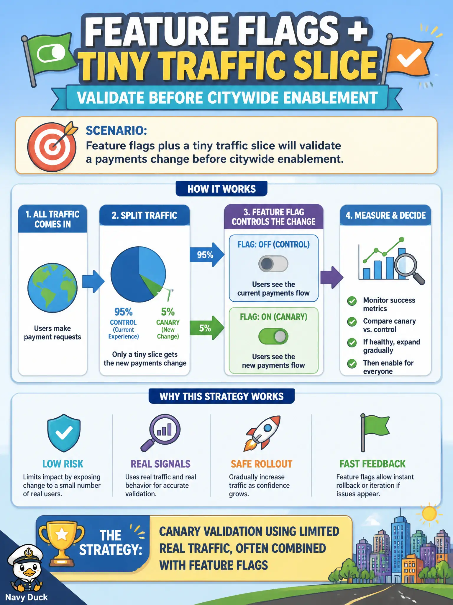 To Create an exciting colorful infographic that explains the concepts in the question: Question: Feature flags plus a tiny traffic slice will validate a payments change before citywide enablement. Which deployment strategy does this describe? Correct Answer: Canary validation using limited real traffic, often combined with feature flags Put EVERY visible label in double quotes. No people. No A/B/C/D letters. In one of the four corners put a little "Navy Duck".