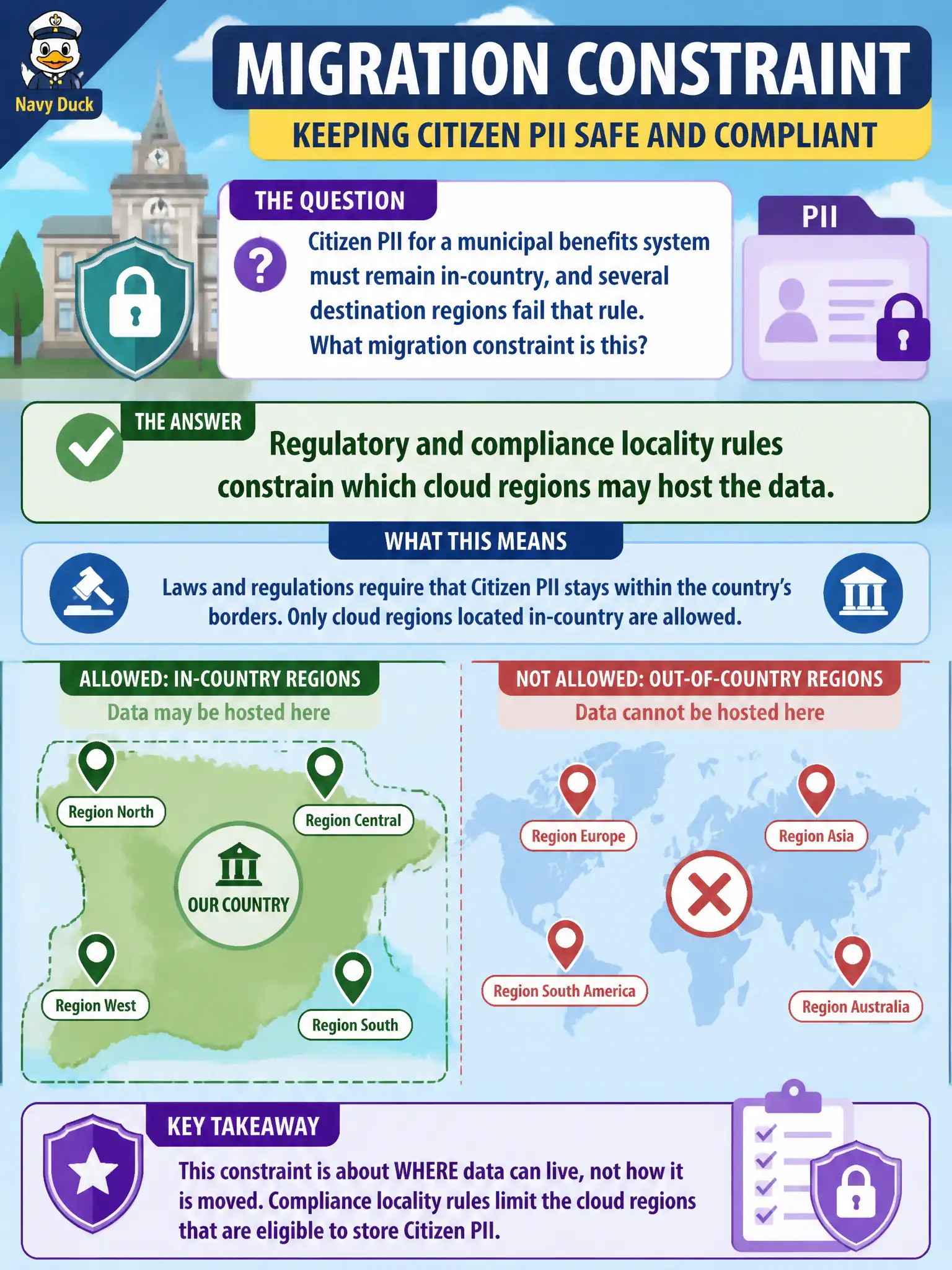 To Create an exciting colorful infographic that explains the concepts in the question: Question: Citizen PII for a municipal benefits system must remain in-country, and several destination regions fail that rule. What migration constraint is this? Correct Answer: Regulatory and compliance locality rules constrain which cloud regions may host the data. Put EVERY visible label in double quotes. No people. No A/B/C/D letters. In one of the four corners put a little "Navy Duck".