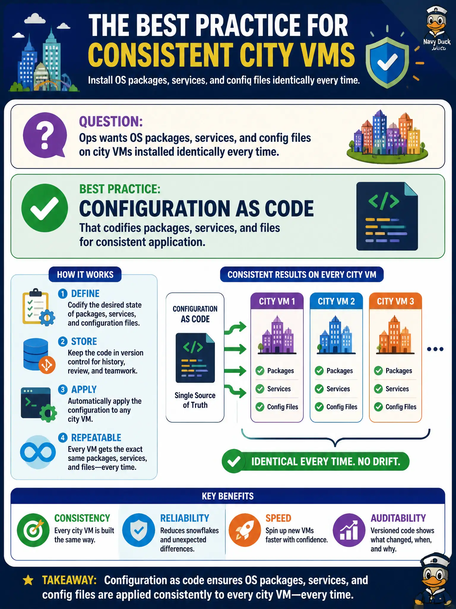 To Create an exciting colorful infographic that explains the concepts in the question: Question: Ops wants OS packages, services, and config files on city VMs installed identically every time. Which practice fits best? Correct Answer: Configuration as code that codifies packages, services, and files for consistent application. Put EVERY visible label in double quotes. No people. No A/B/C/D letters. In one of the four corners put a little "Navy Duck".