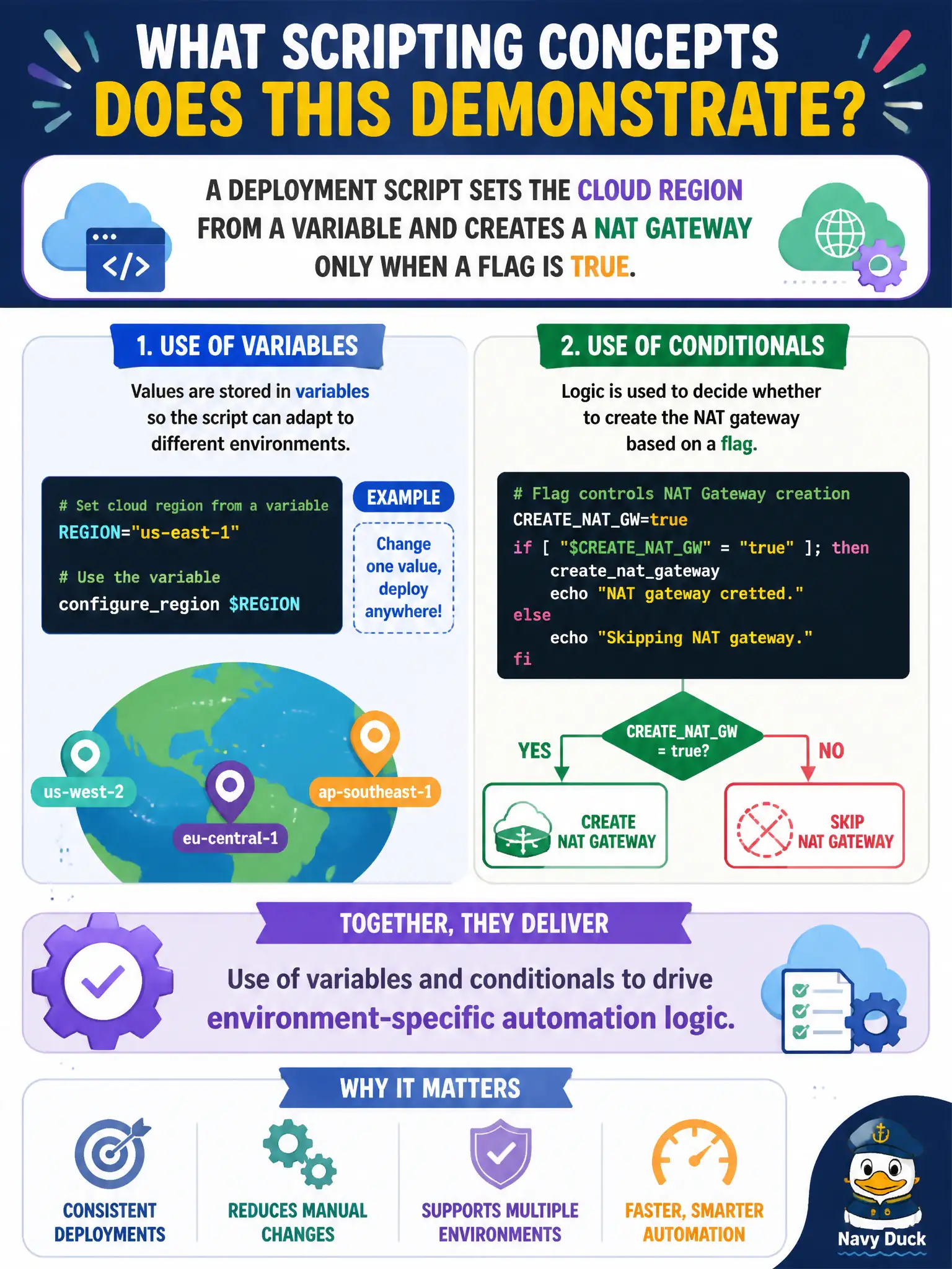 To Create an exciting colorful infographic that explains the concepts in the question: Question: A deployment script sets the cloud region from a variable and creates a NAT gateway only when a flag is true. What scripting concepts does this demonstrate? Correct Answer: Use of variables and conditionals to drive environment-specific automation logic. Put EVERY visible label in double quotes. No people. No A/B/C/D letters. In one of the four corners put a little "Navy Duck".