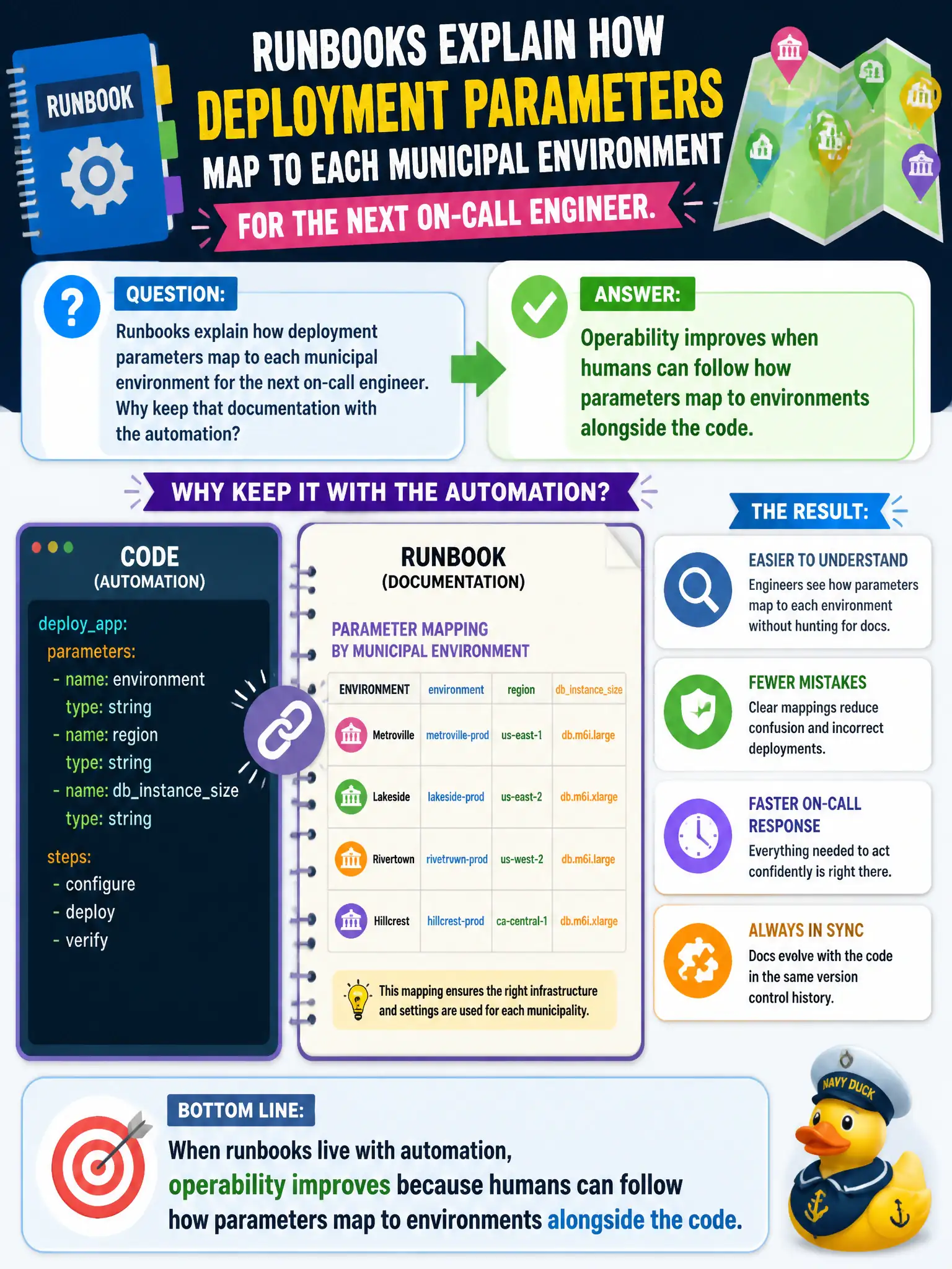 To Create an exciting colorful infographic that explains the concepts in the question: Question: Runbooks explain how deployment parameters map to each municipal environment for the next on-call engineer. Why keep that documentation with the automation? Correct Answer: Operability improves when humans can follow how parameters map to environments alongside the code. Put EVERY visible label in double quotes. No people. No A/B/C/D letters. In one of the four corners put a little "Navy Duck".