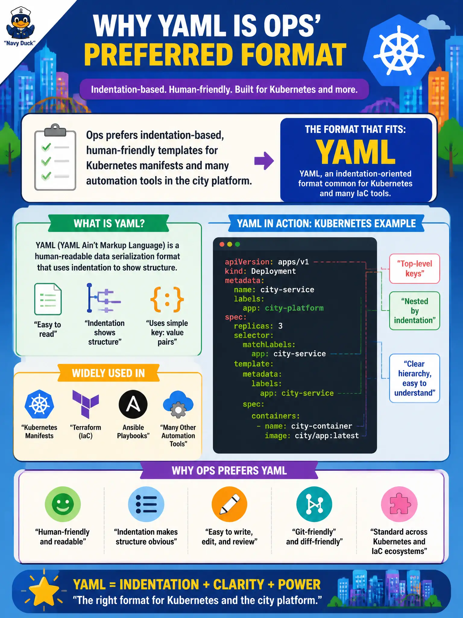 To Create an exciting colorful infographic that explains the concepts in the question: Question: Ops prefers indentation-based, human-friendly templates for Kubernetes manifests and many automation tools in the city platform. Which format fits that preference? Correct Answer: YAML, an indentation-oriented format common for Kubernetes and many IaC tools. Put EVERY visible label in double quotes. No people. No A/B/C/D letters. In one of the four corners put a little "Navy Duck".