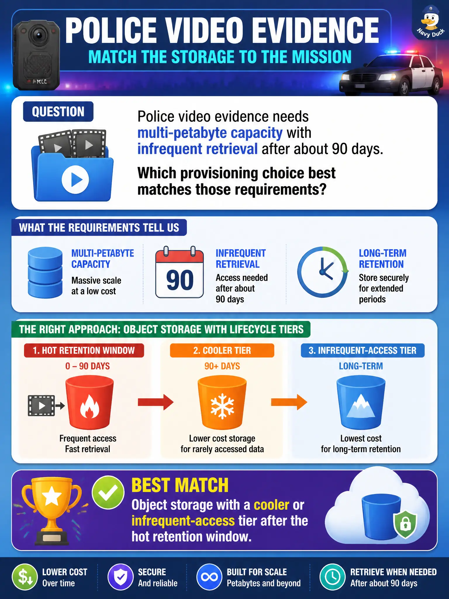 To Create an exciting colorful infographic that explains the concepts in the question: Question: Police video evidence needs multi-petabyte capacity with infrequent retrieval after about 90 days. Which provisioning choice best matches those requirements? Correct Answer: Object storage with a cooler or infrequent-access tier after the hot retention window. Put EVERY visible label in double quotes. No people. No A/B/C/D letters. In one of the four corners put a little "Navy Duck".