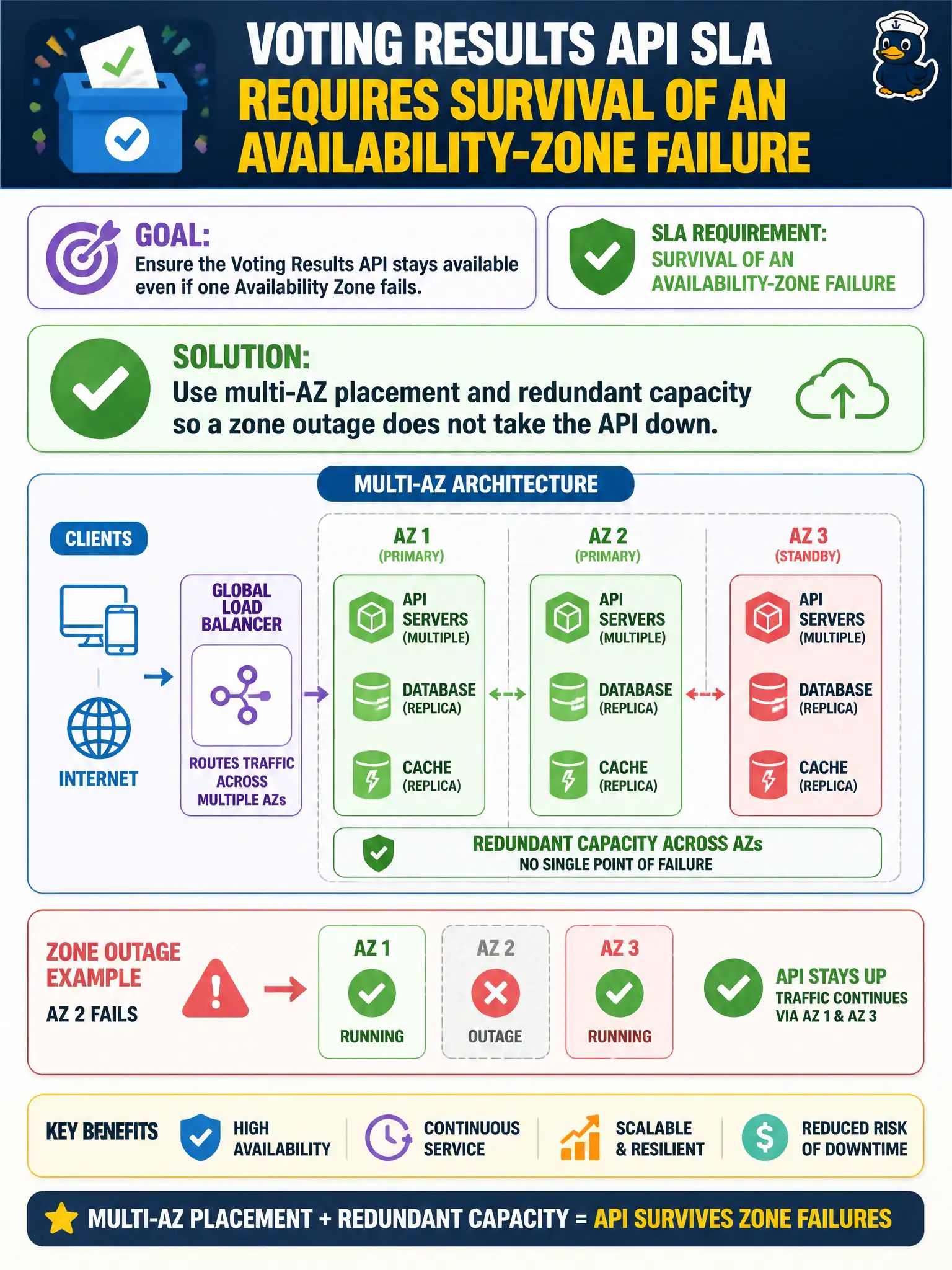 To Create an exciting colorful infographic that explains the concepts in the question: Question: The voting results API SLA requires survival of an availability-zone failure. How should resources be provisioned? Correct Answer: Use multi-AZ placement and redundant capacity so a zone outage does not take the API down. Put EVERY visible label in double quotes. No people. No A/B/C/D letters. In one of the four corners put a little "Navy Duck".