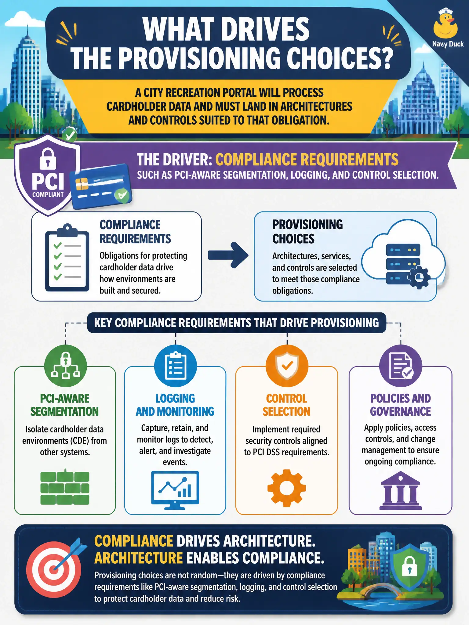 To Create an exciting colorful infographic that explains the concepts in the question: Question: A city recreation portal will process cardholder data and must land in architectures and controls suited to that obligation. What drives the provisioning choices? Correct Answer: Compliance requirements such as PCI-aware segmentation, logging, and control selection. Put EVERY visible label in double quotes. No people. No A/B/C/D letters. In one of the four corners put a little "Navy Duck".