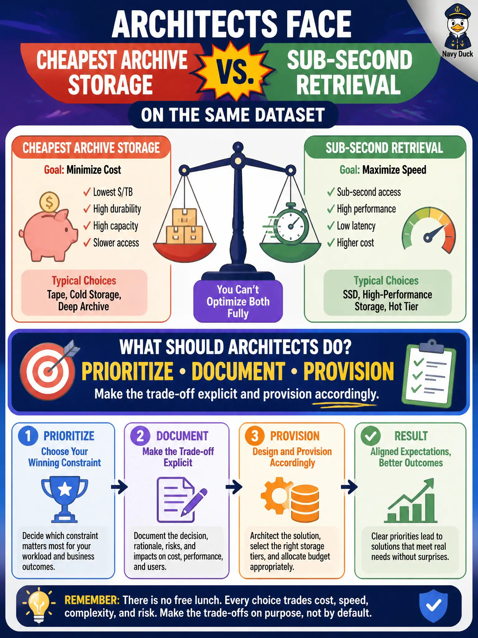 To Create an exciting colorful infographic that explains the concepts in the question: Question: Architects face cheapest archive storage versus a mandate for sub-second retrieval on the same dataset. What should they do? Correct Answer: Prioritize explicitly which constraint wins, document the trade-off, and provision accordingly. Put EVERY visible label in double quotes. No people. No A/B/C/D letters. In one of the four corners put a little "Navy Duck".