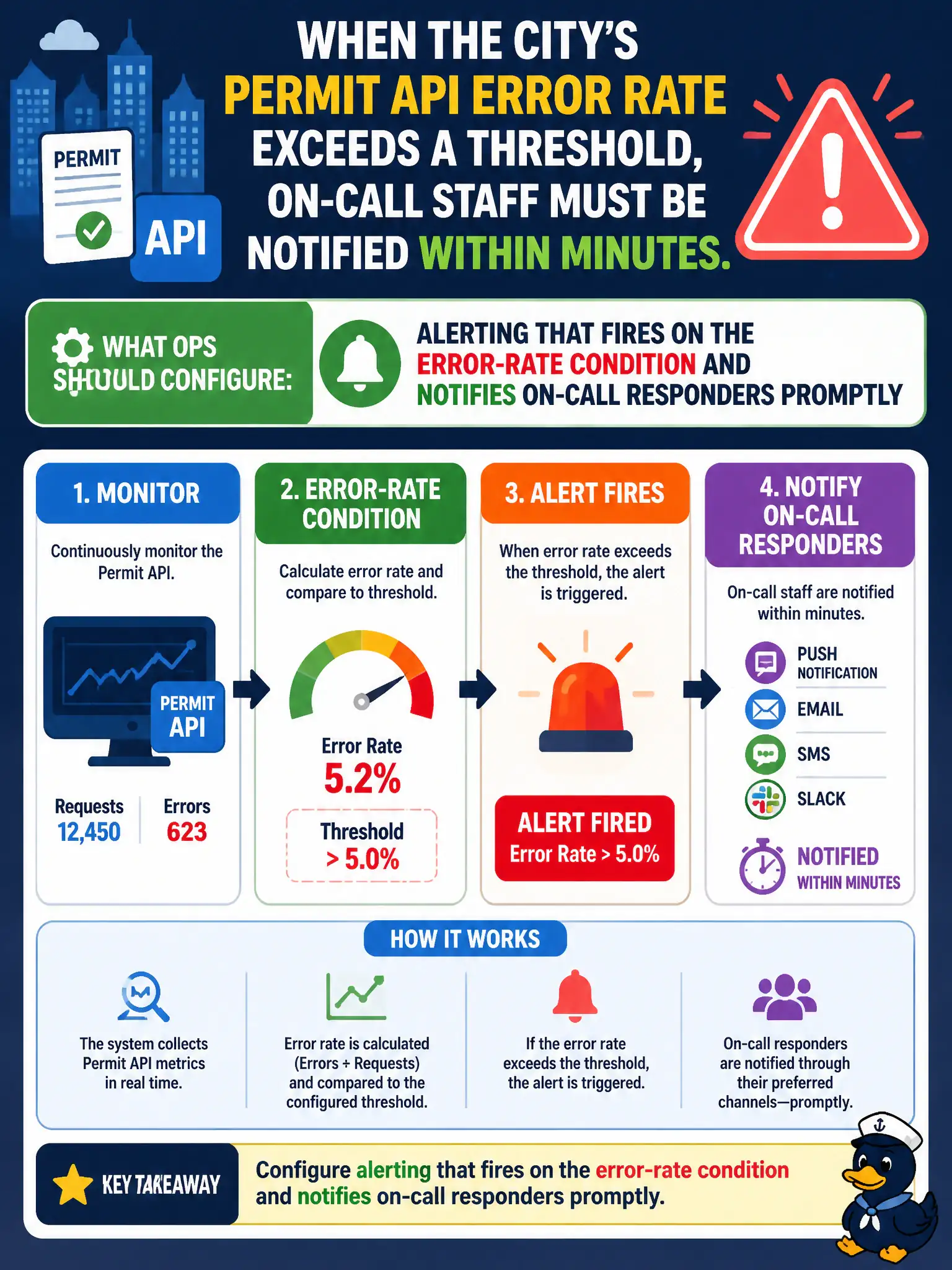 To Create an exciting colorful infographic that explains the concepts in the question: Question: When the city’s permit API error rate exceeds a threshold, on-call staff must be notified within minutes. What should ops configure? Correct Answer: Alerting that fires on the error-rate condition and notifies on-call responders promptly Put EVERY visible label in double quotes. No people. No A/B/C/D letters. In one of the four corners put a little "Navy Duck".