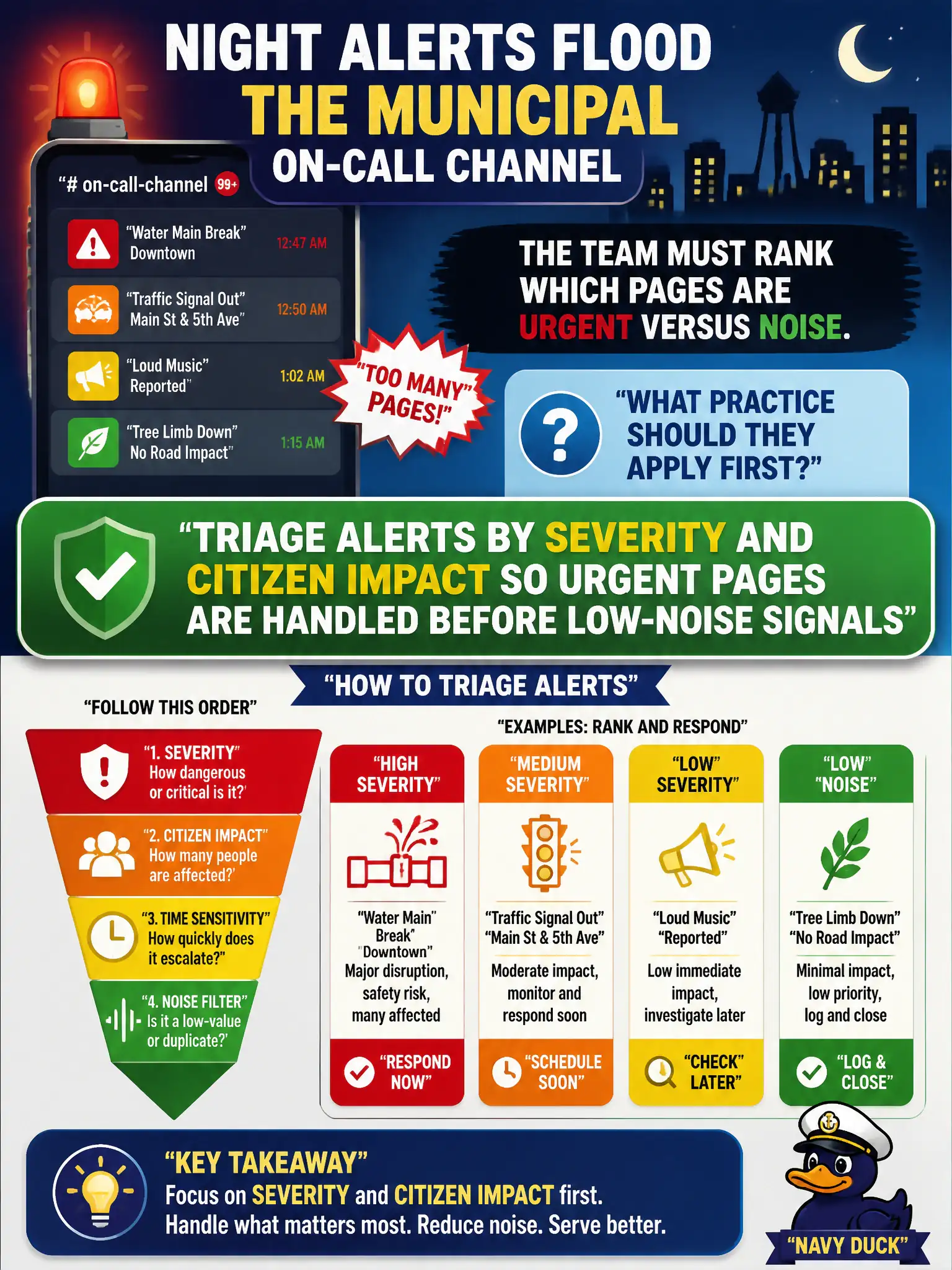 To Create an exciting colorful infographic that explains the concepts in the question: Question: Night alerts flood the municipal on-call channel, and the team must rank which pages are urgent versus noise. What practice should they apply first? Correct Answer: Triage alerts by severity and citizen impact so urgent pages are handled before low-noise signals Put EVERY visible label in double quotes. No people. No A/B/C/D letters. In one of the four corners put a little "Navy Duck".