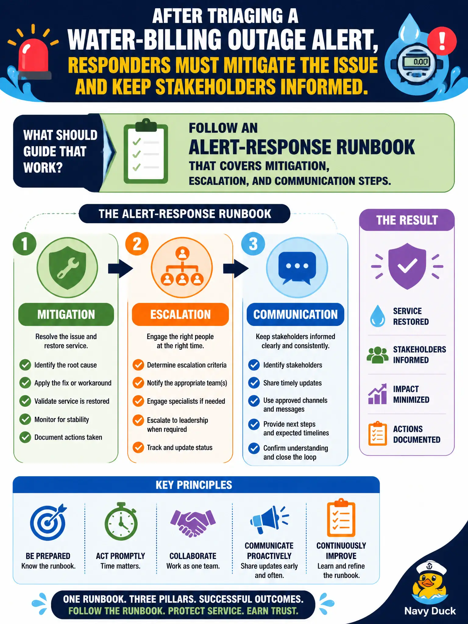 To Create an exciting colorful infographic that explains the concepts in the question: Question: After triaging a water-billing outage alert, responders must mitigate the issue and keep stakeholders informed. What should guide that work? Correct Answer: Follow an alert-response runbook that covers mitigation, escalation, and communication steps Put EVERY visible label in double quotes. No people. No A/B/C/D letters. In one of the four corners put a little "Navy Duck".