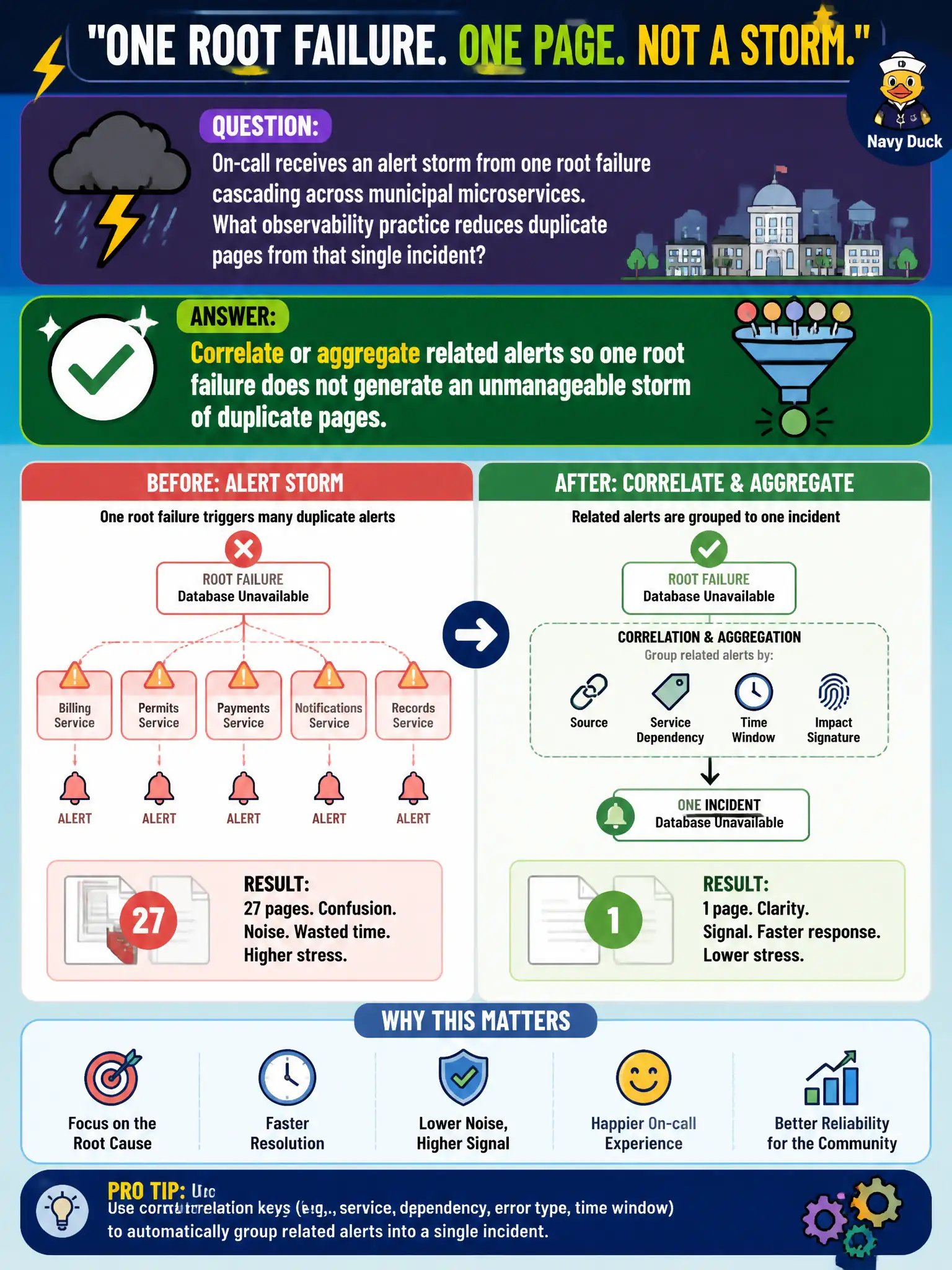 To Create an exciting colorful infographic that explains the concepts in the question: Question: On-call receives an alert storm from one root failure cascading across municipal microservices. What observability practice reduces duplicate pages from that single incident? Correct Answer: Correlate or aggregate related alerts so one root failure does not generate an unmanageable storm of duplicate pages Put EVERY visible label in double quotes. No people. No A/B/C/D letters. In one of the four corners put a little "Navy Duck".