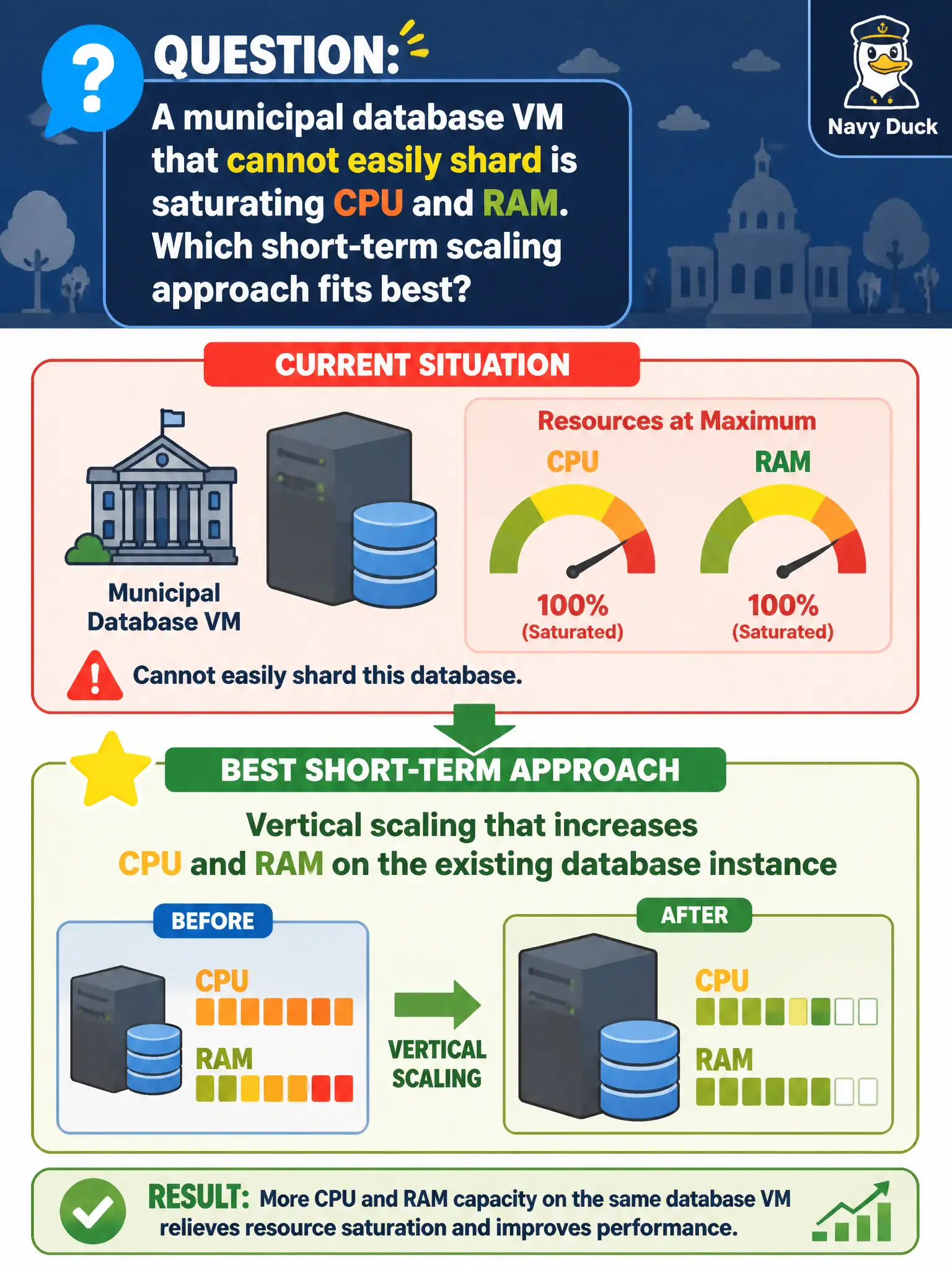 To Create an exciting colorful infographic that explains the concepts in the question: Question: A municipal database VM that cannot easily shard is saturating CPU and RAM. Which short-term scaling approach fits best? Correct Answer: Vertical scaling that increases CPU and RAM on the existing database instance Put EVERY visible label in double quotes. No people. No A/B/C/D letters. In one of the four corners put a little "Navy Duck".