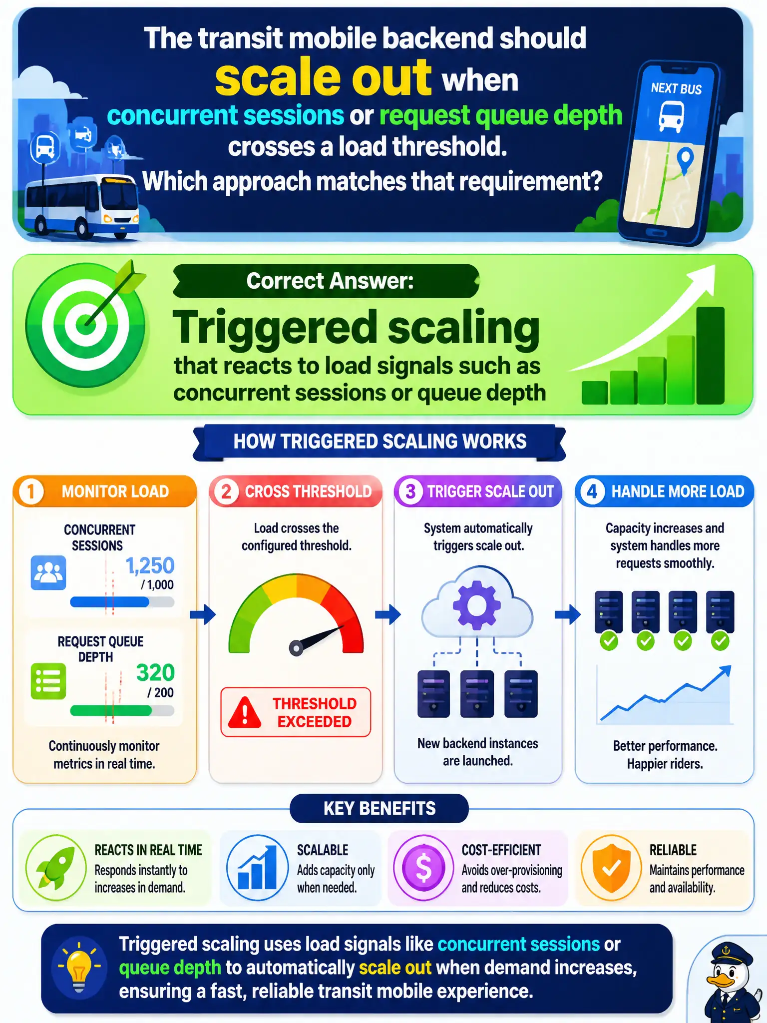 To Create an exciting colorful infographic that explains the concepts in the question: Question: The transit mobile backend should scale out when concurrent sessions or request queue depth crosses a load threshold. Which approach matches that requirement? Correct Answer: Triggered scaling that reacts to load signals such as concurrent sessions or queue depth Put EVERY visible label in double quotes. No people. No A/B/C/D letters. In one of the four corners put a little "Navy Duck".