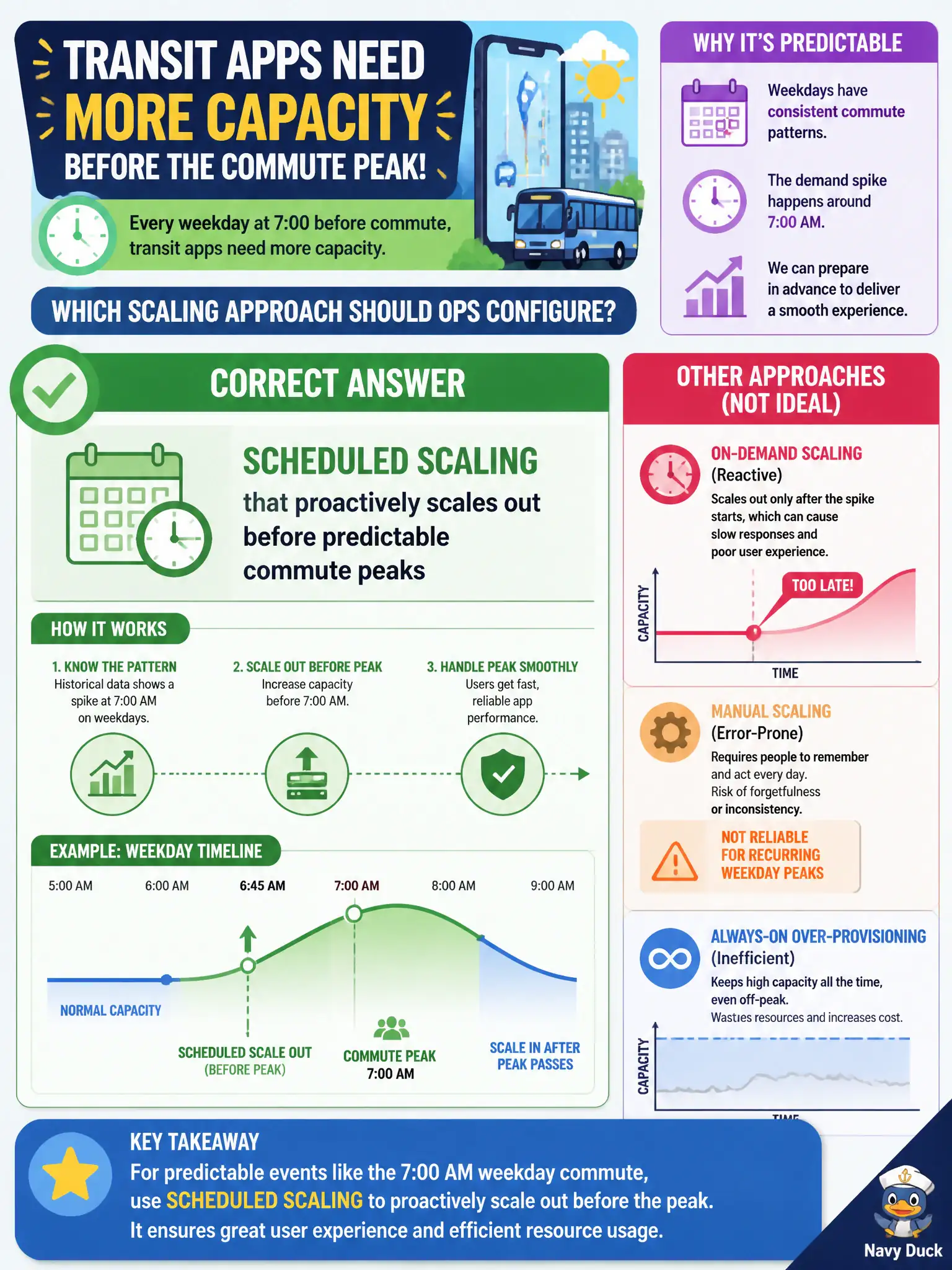To Create an exciting colorful infographic that explains the concepts in the question: Question: Every weekday at 7:00 before commute, transit apps need more capacity. Which scaling approach should ops configure? Correct Answer: Scheduled scaling that proactively scales out before predictable commute peaks Put EVERY visible label in double quotes. No people. No A/B/C/D letters. In one of the four corners put a little "Navy Duck".