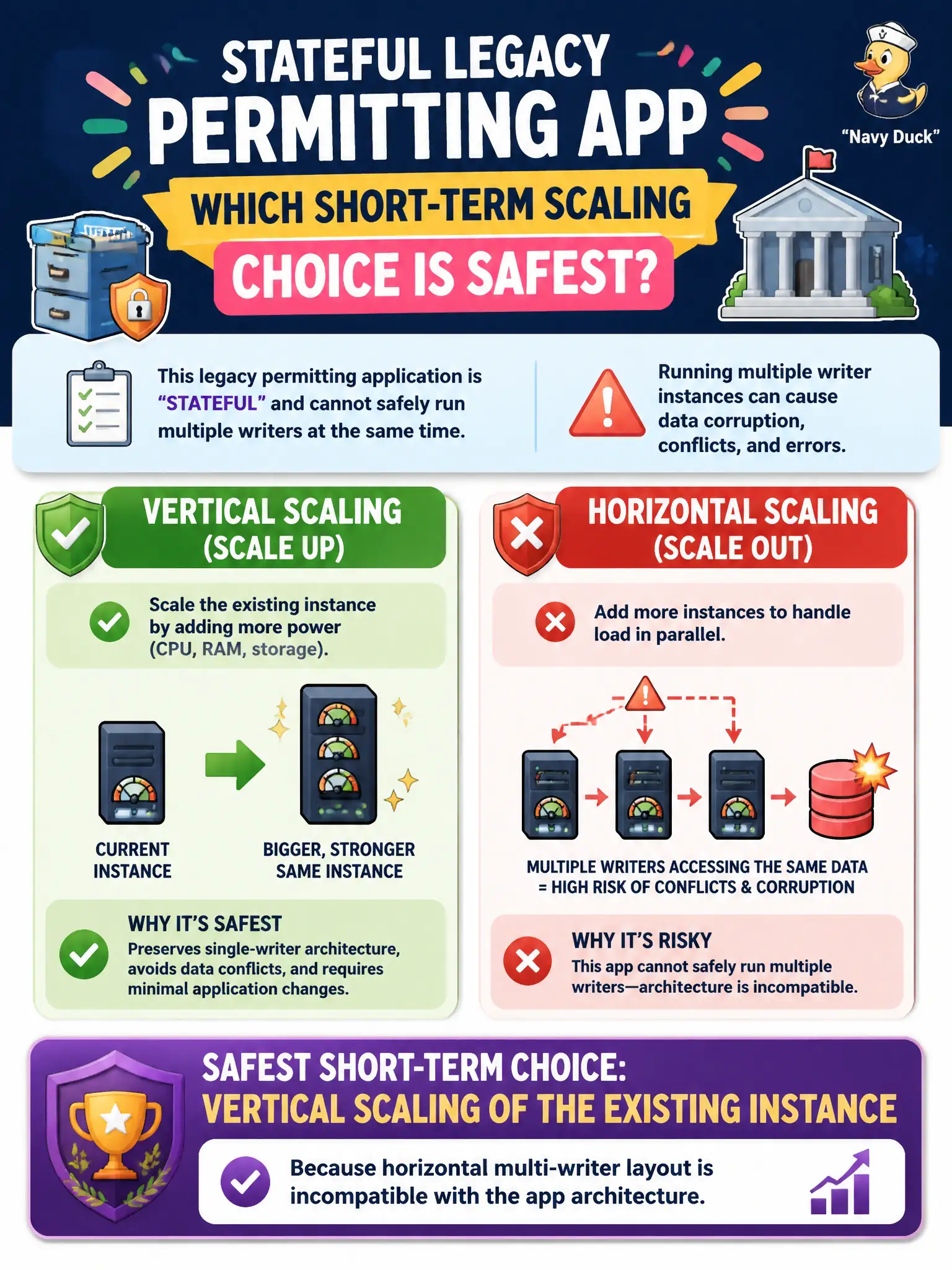 To Create an exciting colorful infographic that explains the concepts in the question: Question: A stateful legacy permitting app cannot safely run multiple writers. Which short-term scaling choice is safest? Correct Answer: Vertical scaling of the existing instance because horizontal multi-writer layout is incompatible with the app architecture Put EVERY visible label in double quotes. No people. No A/B/C/D letters. In one of the four corners put a little "Navy Duck".