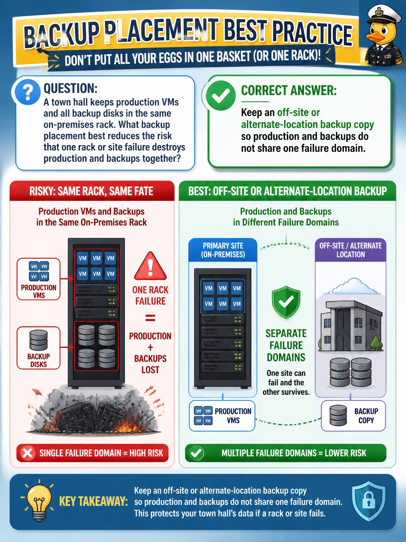 To Create an exciting colorful infographic that explains the concepts in the question: Question: A town hall keeps production VMs and all backup disks in the same on-premises rack. What backup placement best reduces the risk that one rack or site failure destroys production and backups together? Correct Answer: Keep an off-site or alternate-location backup copy so production and backups do not share one failure domain Put EVERY visible label in double quotes. No people. No A/B/C/D letters. In one of the four corners put a little "Navy Duck".