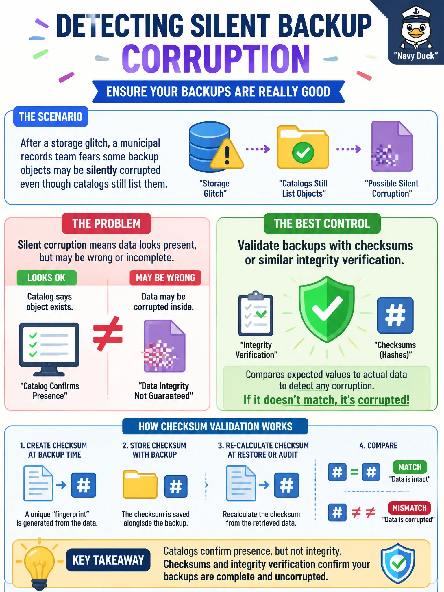 To Create an exciting colorful infographic that explains the concepts in the question: Question: After a storage glitch, a municipal records team fears some backup objects may be silently corrupted even though catalogs still list them. What control best detects that integrity problem? Correct Answer: Validate backups with checksums or similar integrity verification Put EVERY visible label in double quotes. No people. No A/B/C/D letters. In one of the four corners put a little "Navy Duck".