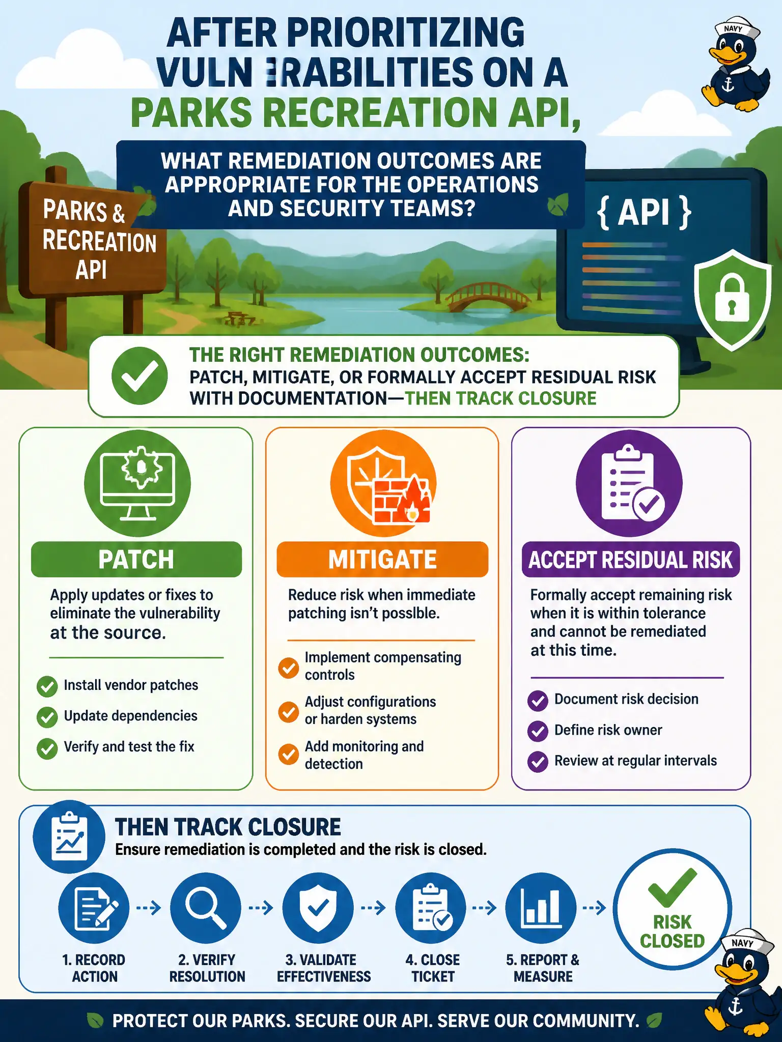 To Create an exciting colorful infographic that explains the concepts in the question: Question: After prioritizing vulnerabilities on a parks recreation API, what remediation outcomes are appropriate for the operations and security teams? Correct Answer: Patch, mitigate, or formally accept residual risk with documentation—then track closure Put EVERY visible label in double quotes. No people. No A/B/C/D letters. In one of the four corners put a little "Navy Duck".
