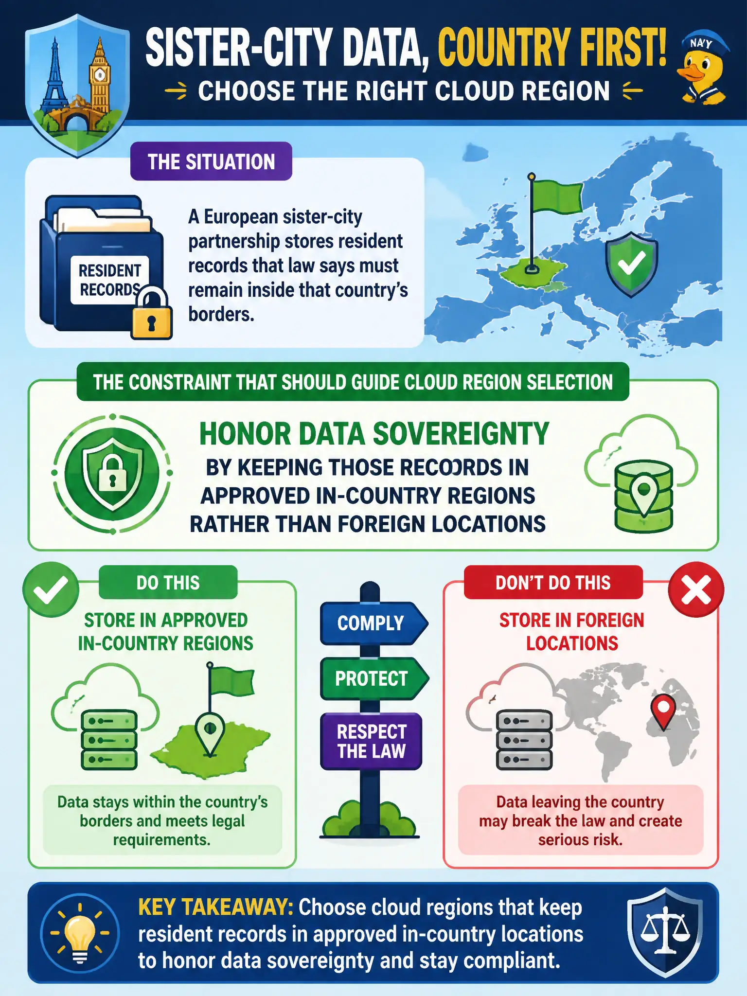 To Create an exciting colorful infographic that explains the concepts in the question: Question: A European sister-city partnership stores resident records that law says must remain inside that country's borders. What constraint should guide cloud region selection? Correct Answer: Honor data sovereignty by keeping those records in approved in-country regions rather than foreign locations Put EVERY visible label in double quotes. No people. No A/B/C/D letters. In one of the four corners put a little "Navy Duck".
