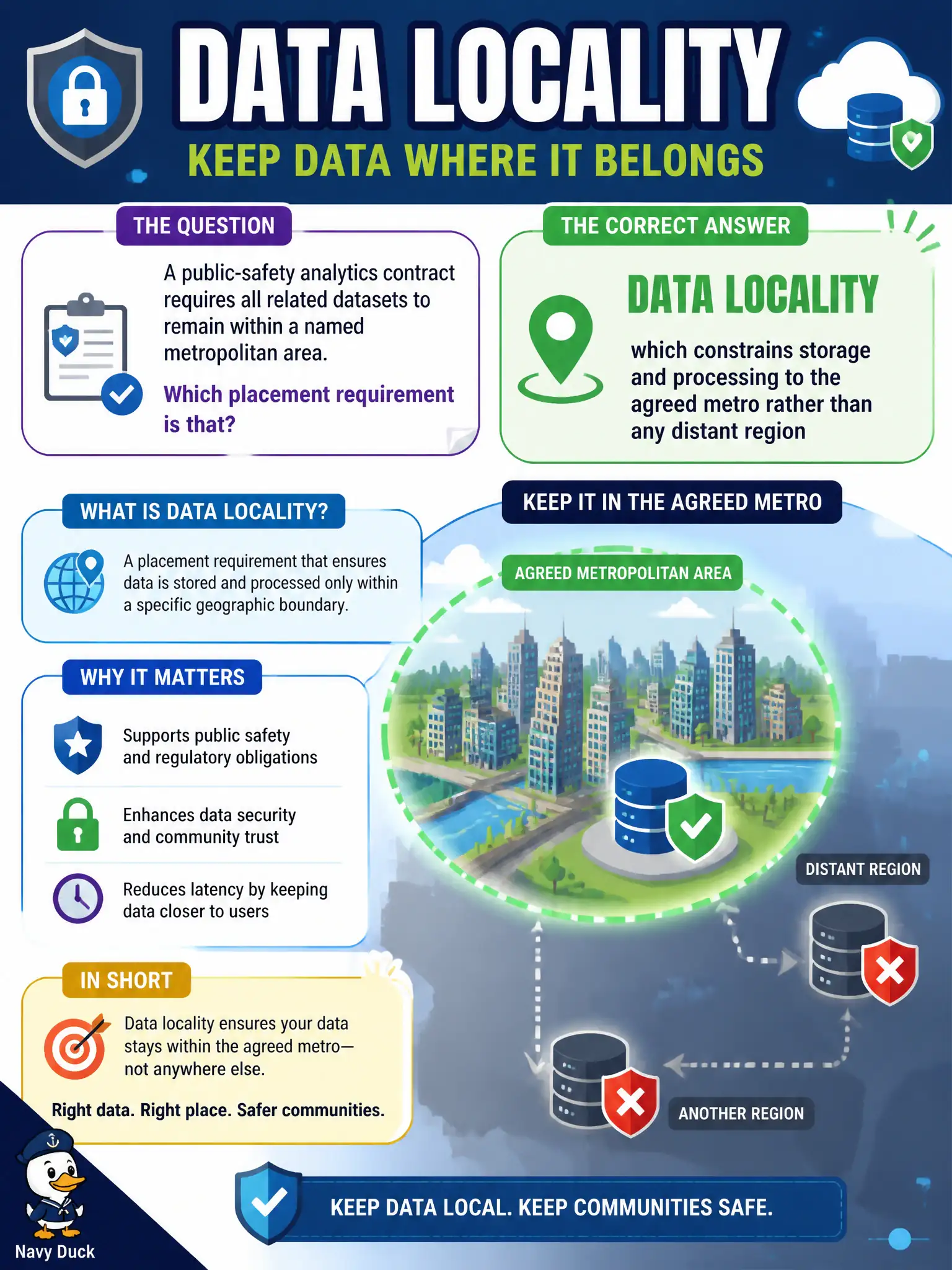To Create an exciting colorful infographic that explains the concepts in the question: Question: A public-safety analytics contract requires all related datasets to remain within a named metropolitan area. Which placement requirement is that? Correct Answer: Data locality, which constrains storage and processing to the agreed metro rather than any distant region Put EVERY visible label in double quotes. No people. No A/B/C/D letters. In one of the four corners put a little "Navy Duck".