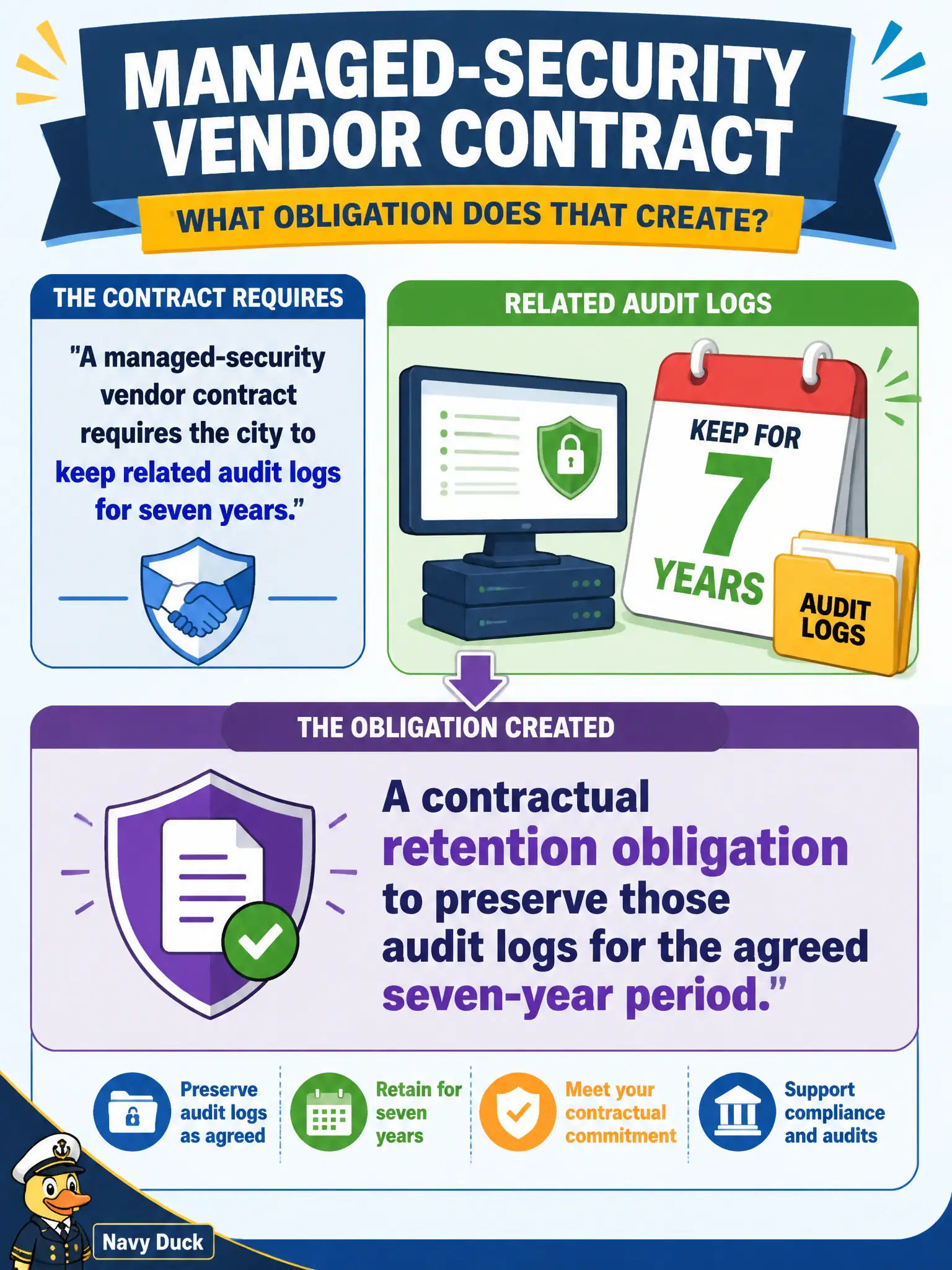 To Create an exciting colorful infographic that explains the concepts in the question: Question: A managed-security vendor contract requires the city to keep related audit logs for seven years. What obligation does that create? Correct Answer: A contractual retention obligation to preserve those audit logs for the agreed seven-year period Put EVERY visible label in double quotes. No people. No A/B/C/D letters. In one of the four corners put a little "Navy Duck".