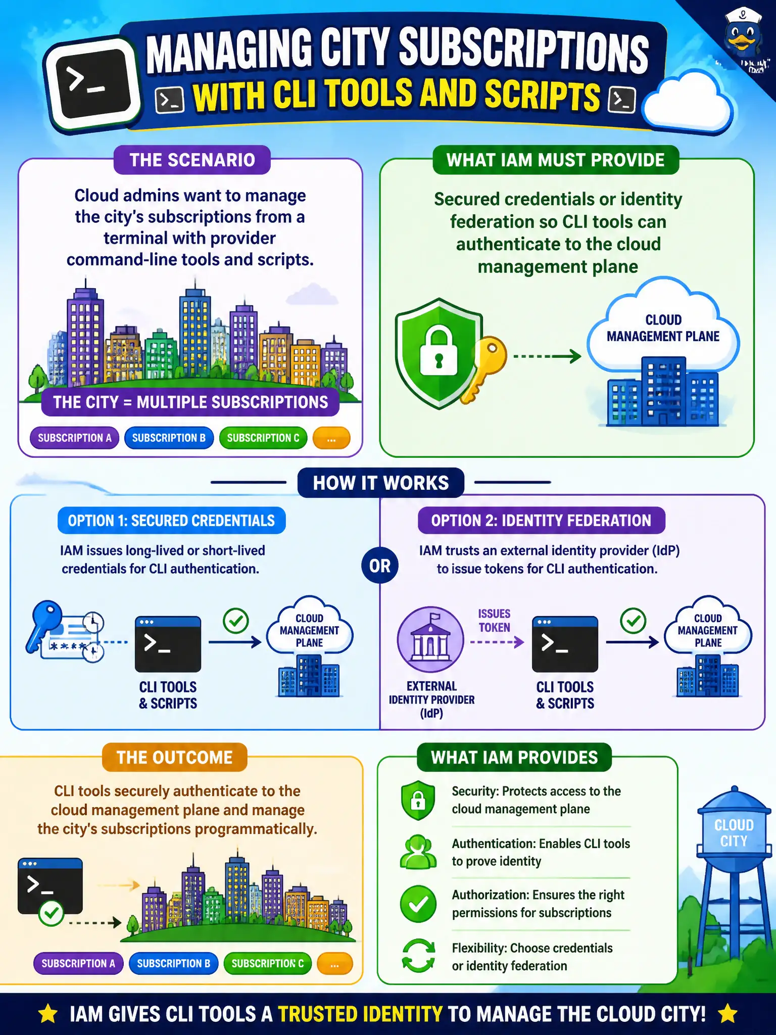 To Create an exciting colorful infographic that explains the concepts in the question: Question: Cloud admins want to manage the city's subscriptions from a terminal with provider command-line tools and scripts. What must IAM provide? Correct Answer: Secured credentials or identity federation so CLI tools can authenticate to the cloud management plane Put EVERY visible label in double quotes. No people. No A/B/C/D letters. In one of the four corners put a little "Navy Duck".