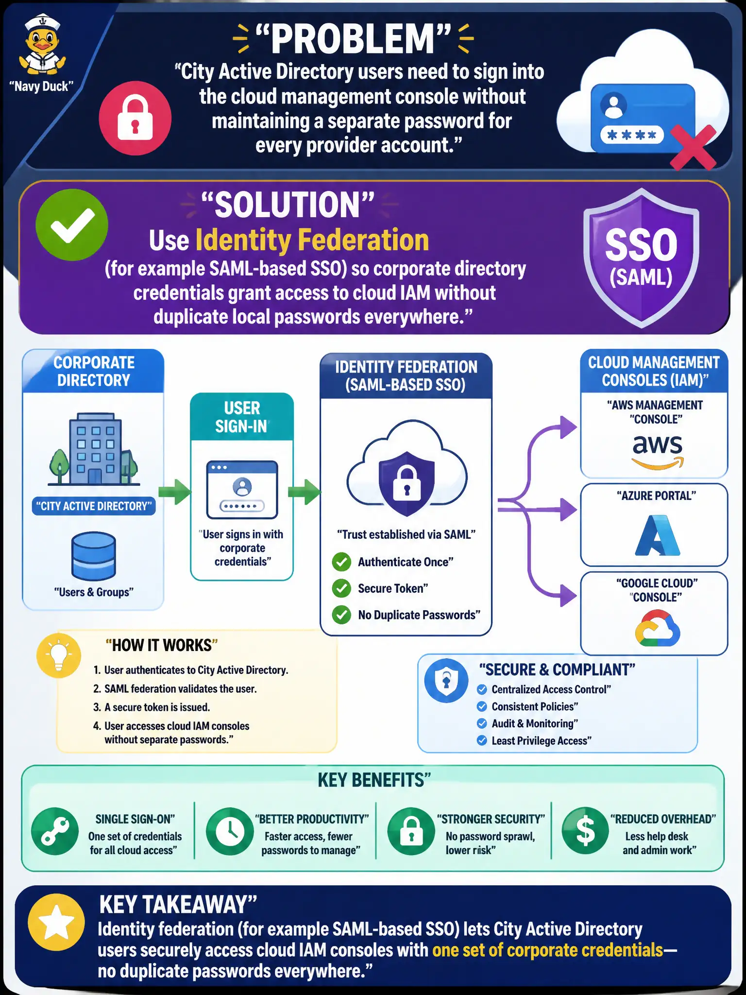 To Create an exciting colorful infographic that explains the concepts in the question: Question: City Active Directory users need to sign into the cloud management console without maintaining a separate password for every provider account. What IAM approach enables that? Correct Answer: Identity federation (for example SAML-based SSO) so corporate directory credentials grant access to cloud IAM without duplicate local passwords everywhere Put EVERY visible label in double quotes. No people. No A/B/C/D letters. In one of the four corners put a little "Navy Duck".