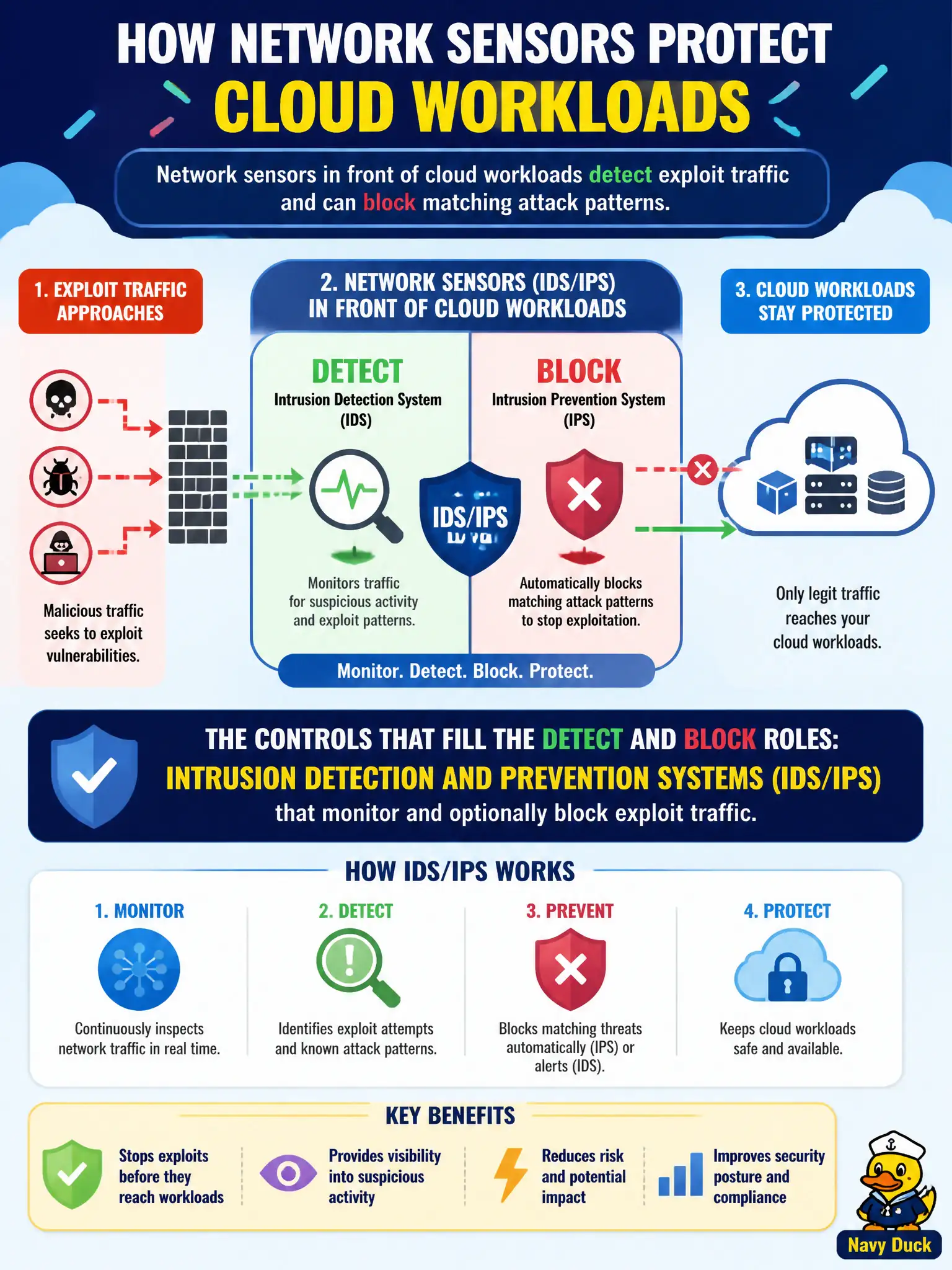 To Create an exciting colorful infographic that explains the concepts in the question: Question: Network sensors in front of cloud workloads detect exploit traffic and can block matching attack patterns. Which controls fill those detect and block roles? Correct Answer: Intrusion detection and prevention systems (IDS/IPS) that monitor and optionally block exploit traffic Put EVERY visible label in double quotes. No people. No A/B/C/D letters. In one of the four corners put a little "Navy Duck".
