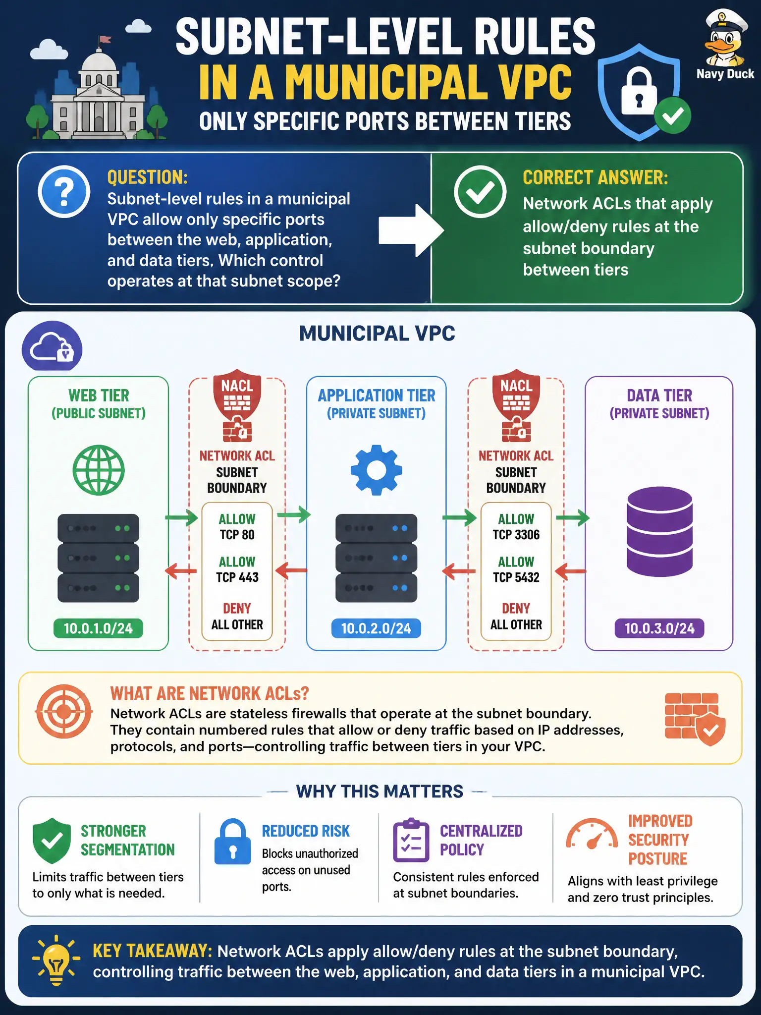 To Create an exciting colorful infographic that explains the concepts in the question: Question: Subnet-level rules in a municipal VPC allow only specific ports between the web, application, and data tiers. Which control operates at that subnet scope? Correct Answer: Network ACLs that apply allow/deny rules at the subnet boundary between tiers Put EVERY visible label in double quotes. No people. No A/B/C/D letters. In one of the four corners put a little "Navy Duck".