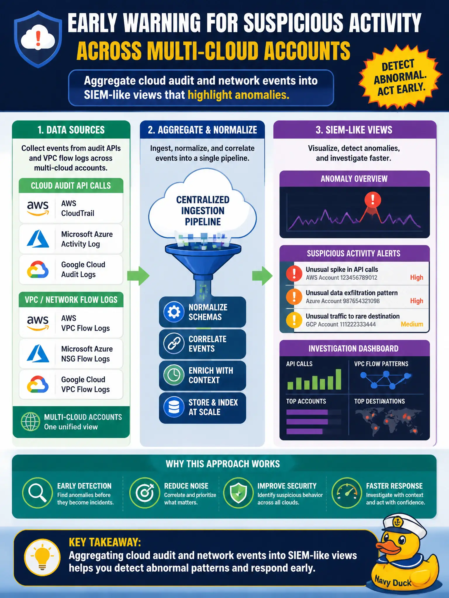 To Create an exciting colorful infographic that explains the concepts in the question: Question: A county cloud operations desk wants early warning when audit API calls and VPC flow patterns look abnormal across multi-cloud accounts. Which approach best supports detecting suspicious activity? Correct Answer: Aggregate cloud audit and network events into SIEM-like views that highlight anomalies. Put EVERY visible label in double quotes. No people. No A/B/C/D letters. In one of the four corners put a little "Navy Duck".