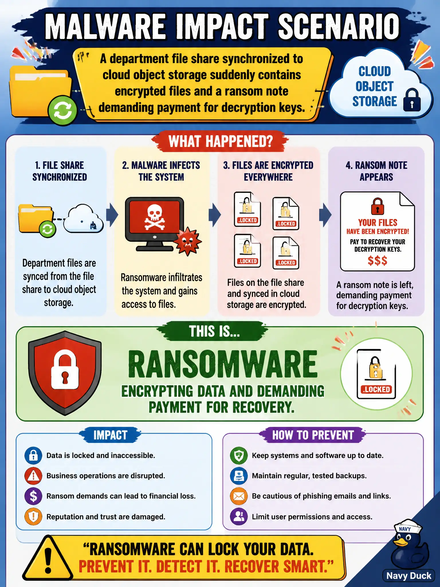 To Create an exciting colorful infographic that explains the concepts in the question: Question: A department file share synchronized to cloud object storage suddenly contains encrypted files and a ransom note demanding payment for decryption keys. Which malware impact scenario is this? Correct Answer: Ransomware encrypting data and demanding payment for recovery. Put EVERY visible label in double quotes. No people. No A/B/C/D letters. In one of the four corners put a little "Navy Duck".