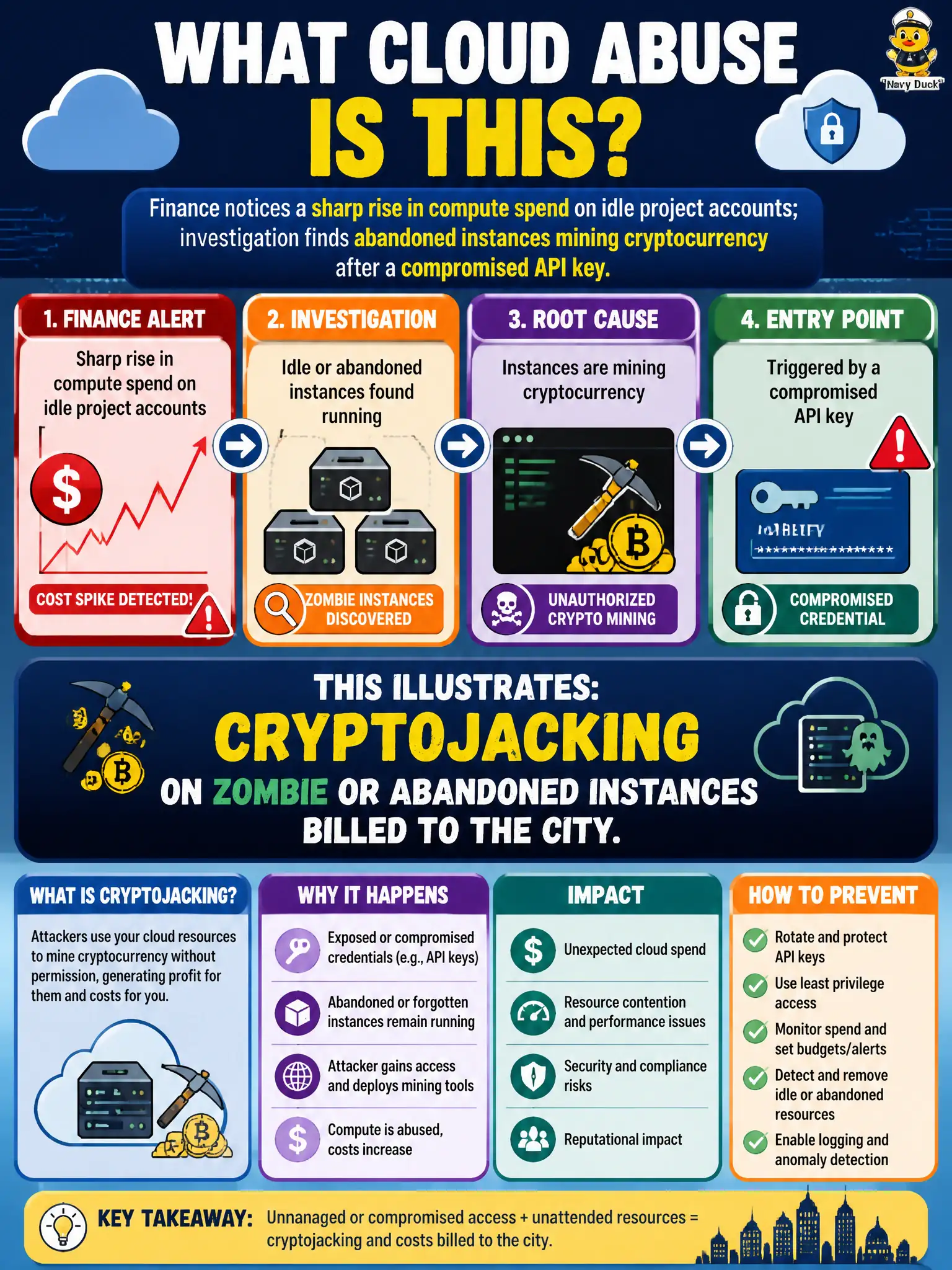 To Create an exciting colorful infographic that explains the concepts in the question: Question: Finance notices a sharp rise in compute spend on idle project accounts; investigation finds abandoned instances mining cryptocurrency after a compromised API key. What cloud-typical abuse does this illustrate? Correct Answer: Cryptojacking on zombie or abandoned instances billed to the city. Put EVERY visible label in double quotes. No people. No A/B/C/D letters. In one of the four corners put a little "Navy Duck".