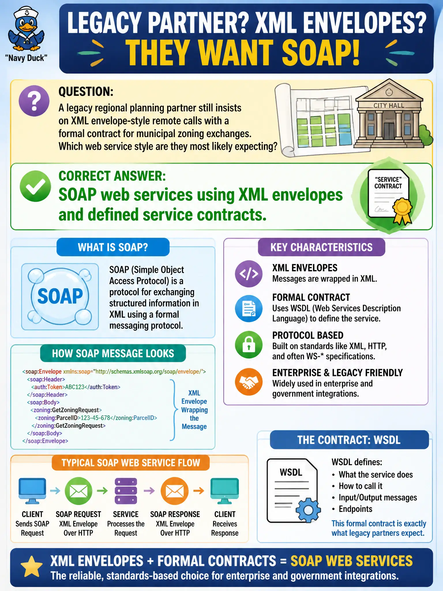 To Create an exciting colorful infographic that explains the concepts in the question: Question: A legacy regional planning partner still insists on XML envelope-style remote calls with a formal contract for municipal zoning exchanges. Which web service style are they most likely expecting? Correct Answer: SOAP web services using XML envelopes and defined service contracts. Put EVERY visible label in double quotes. No people. No A/B/C/D letters. In one of the four corners put a little "Navy Duck".